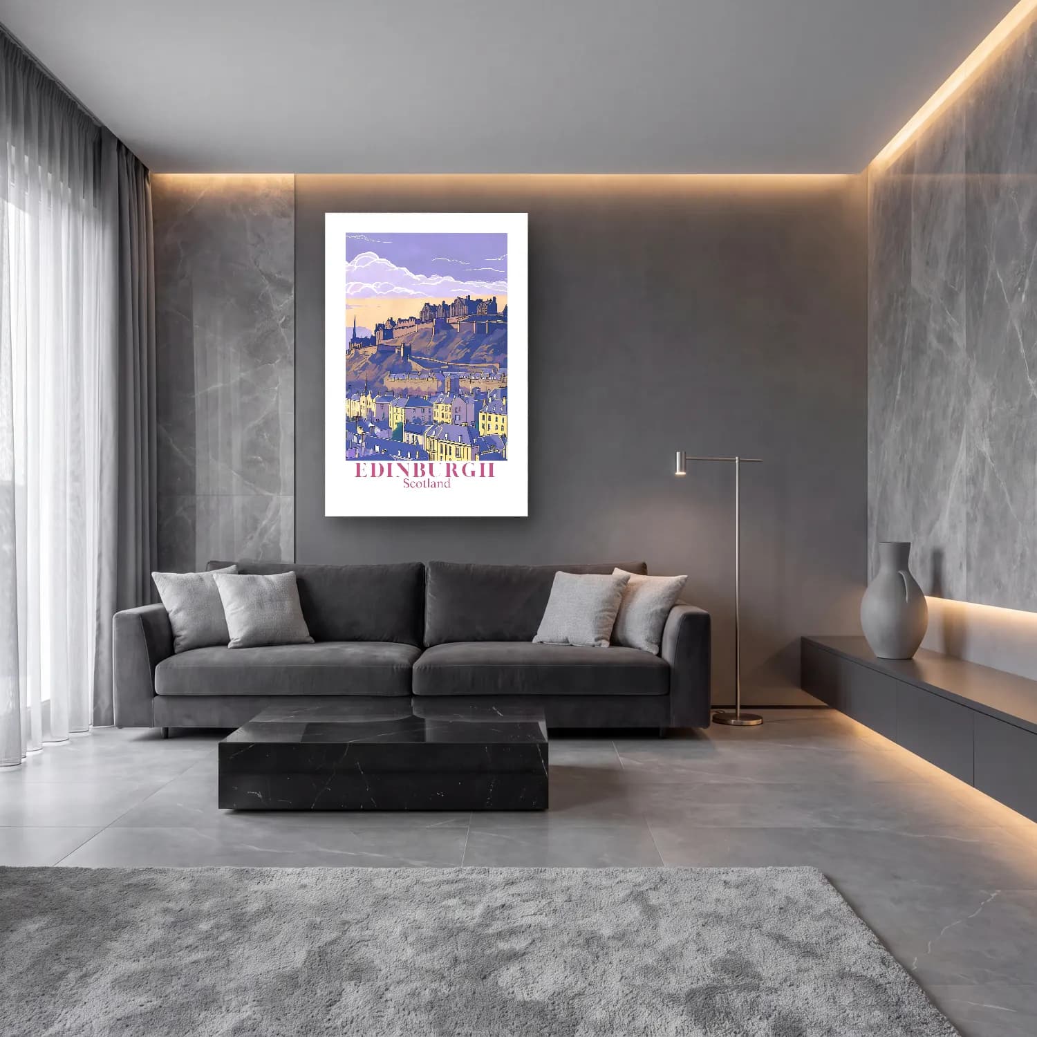 Vintage Poster Şato – Bej Tonlar cam tablo — lüks salon duvarında