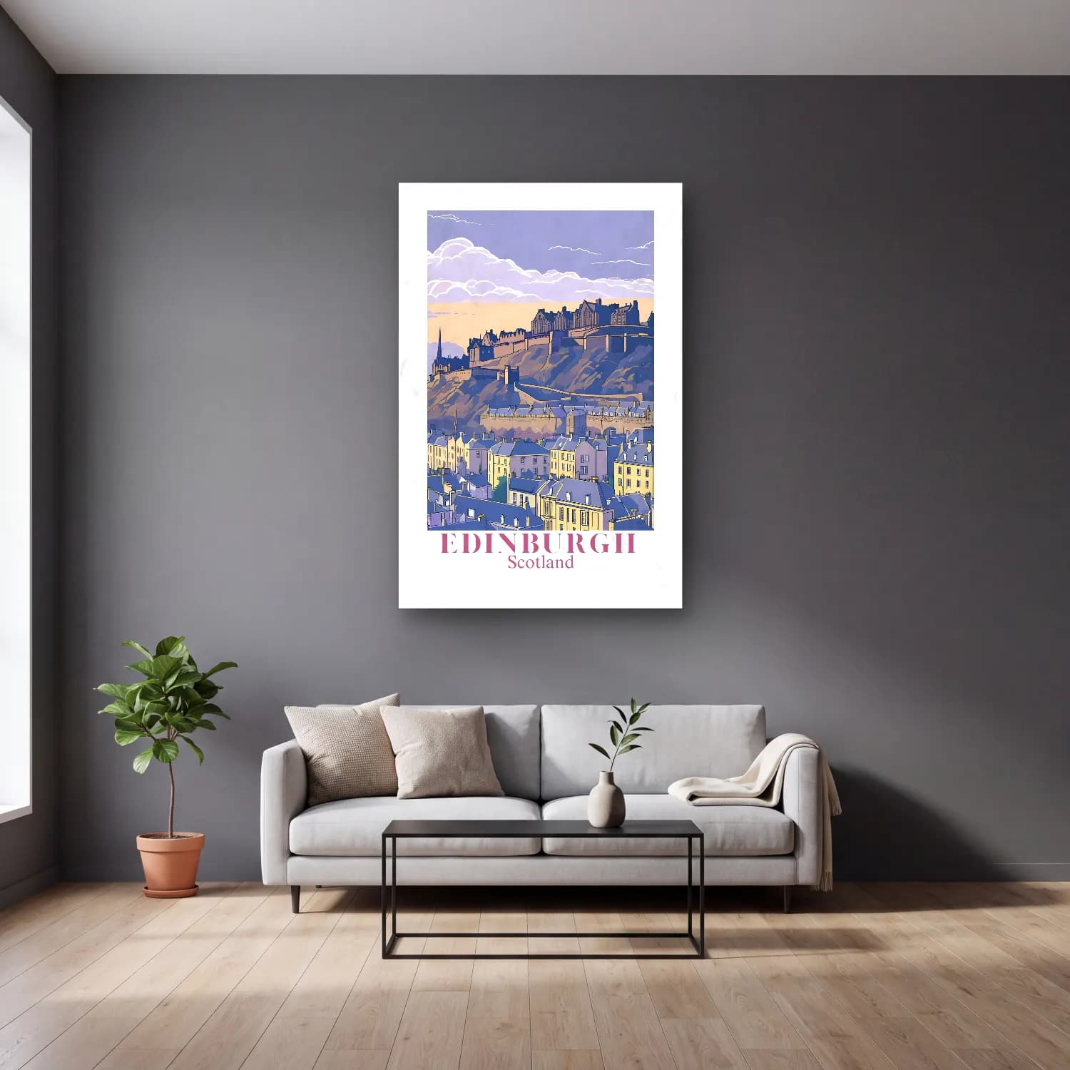Vintage Poster Şato – Bej Tonlar cam tablo — gri duvarlı salonda