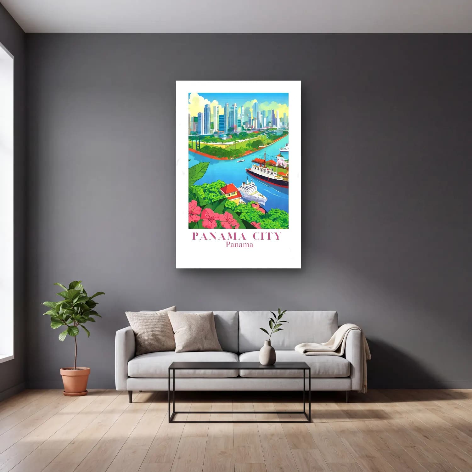 Vintage Poster Liman ve Tekneler No. 6 cam tablo — gri duvarlı salonda