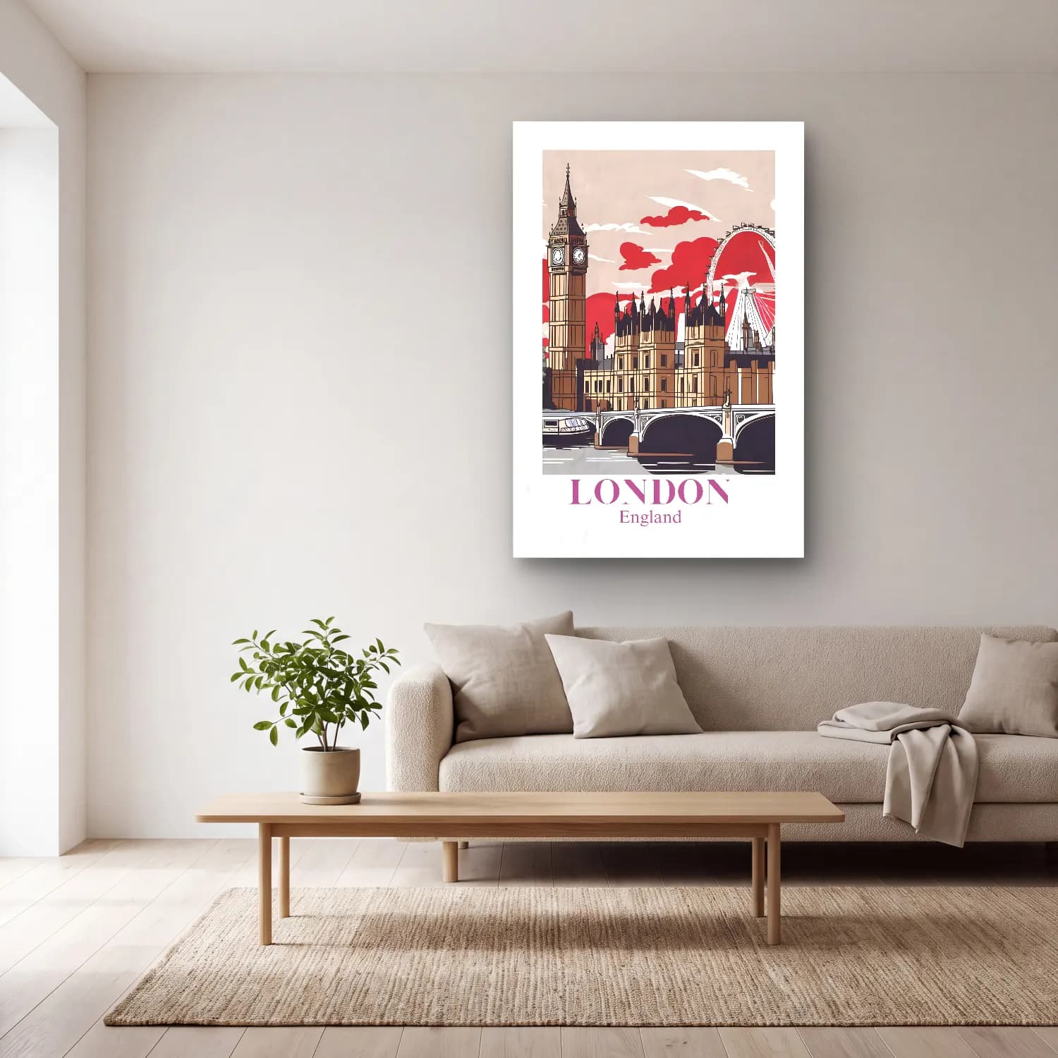 Vintage Poster Londra – Kırmızı Tonlar cam tablo — açık renk salonda