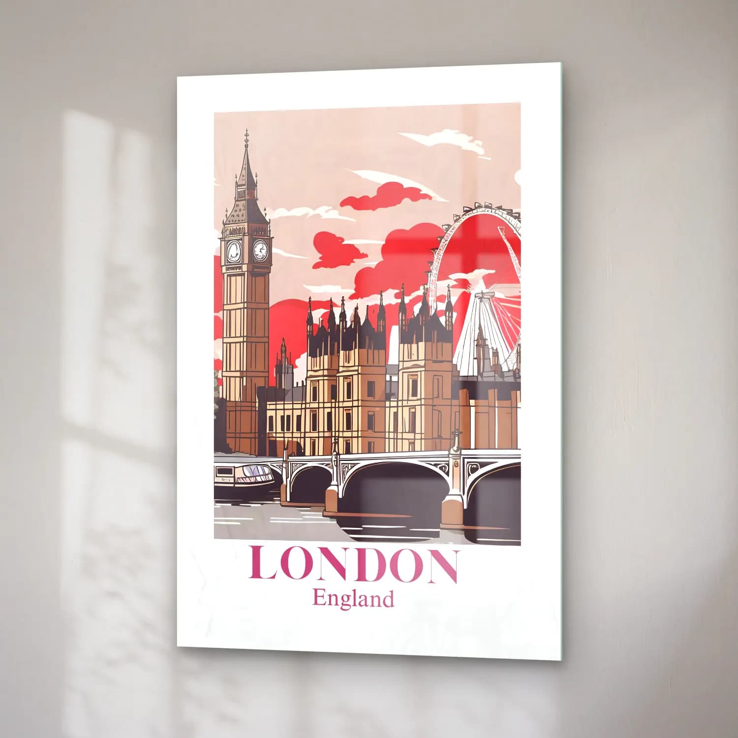 Vintage Poster Londra – Kırmızı Tonlar cam tablo — sağ açıdan görünüm