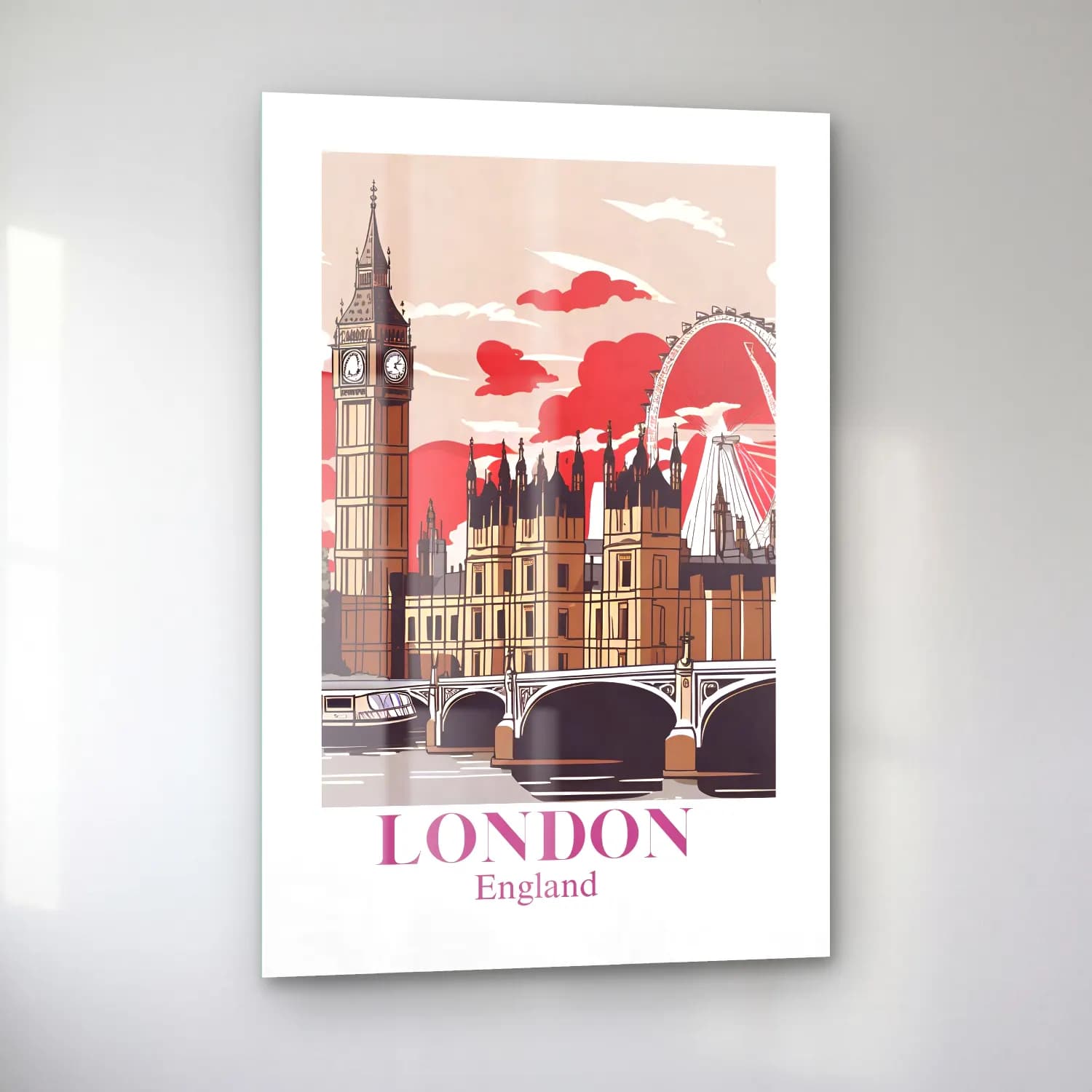 Vintage Poster Londra – Kırmızı Tonlar cam tablo — sol açıdan görünüm