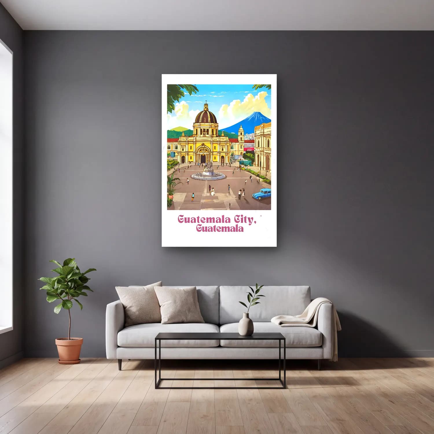 Vintage Poster Katedral No. 10 cam tablo — gri duvarlı salonda