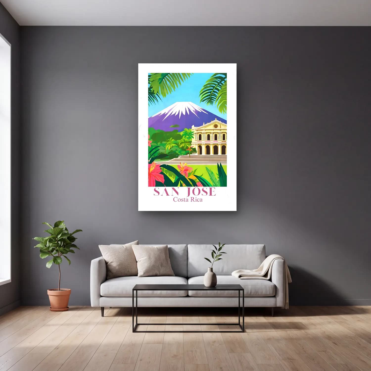Pastel Katedral – Yeşil Tonlar cam tablo — gri duvarlı salonda