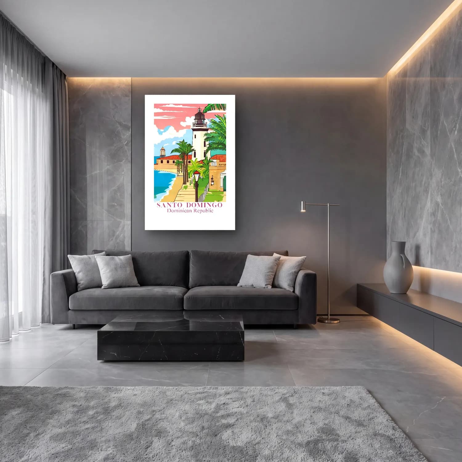 Vintage Poster Akdeniz Sahil Kasabası – Pembe Tonlar cam tablo — lüks salon duvarında