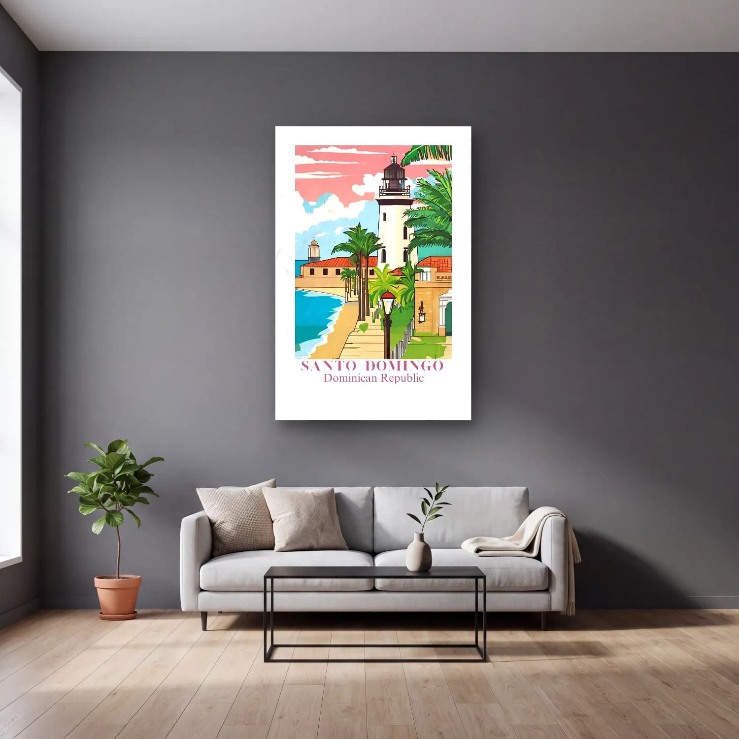 Vintage Poster Akdeniz Sahil Kasabası – Pembe Tonlar cam tablo — gri duvarlı salonda