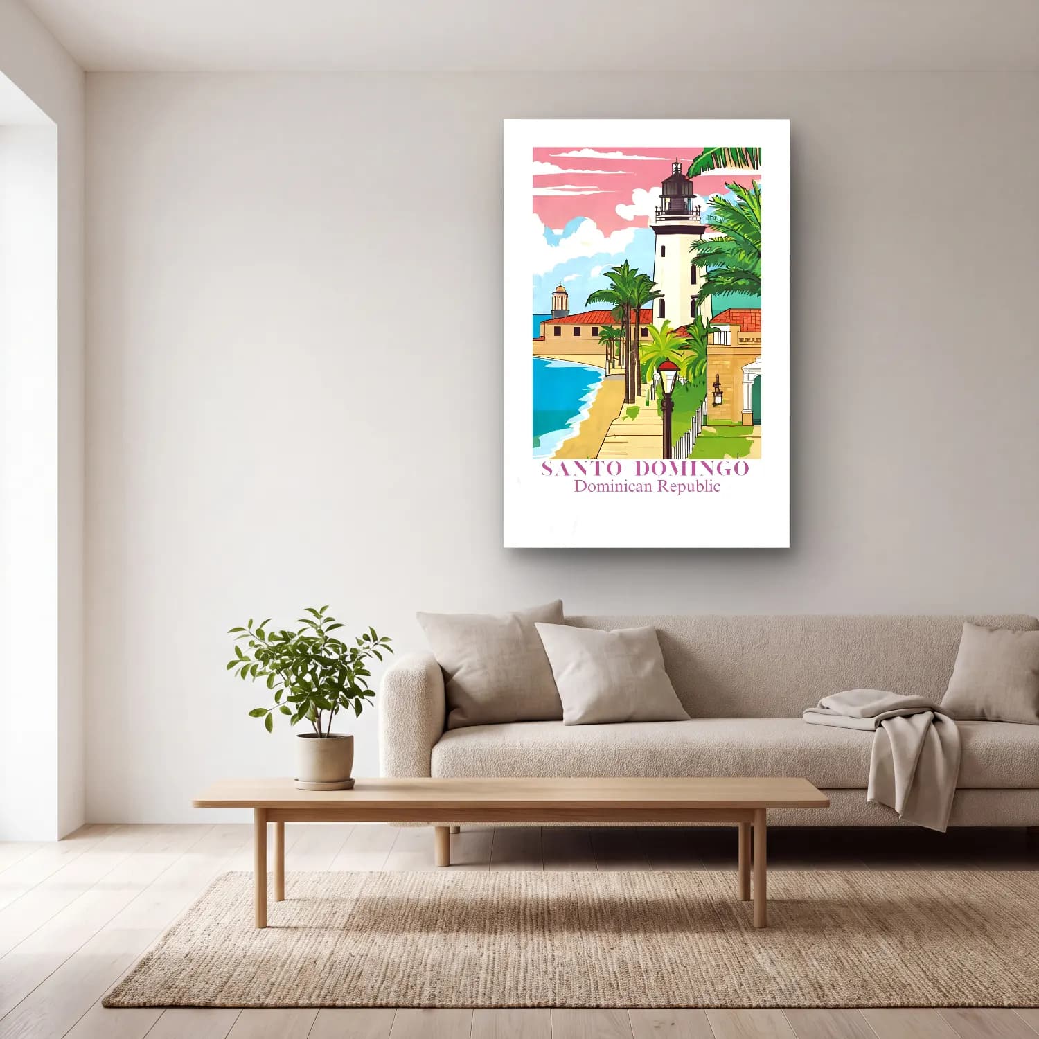 Vintage Poster Akdeniz Sahil Kasabası – Pembe Tonlar cam tablo — açık renk salonda