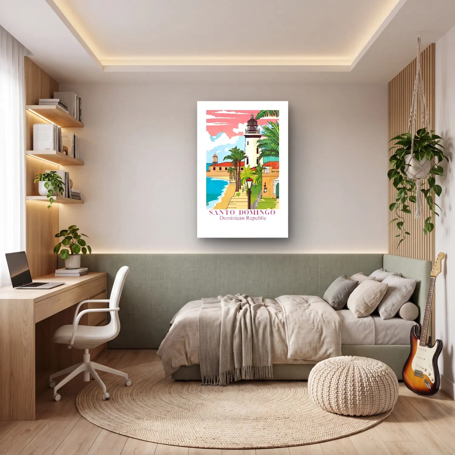 Vintage Poster Akdeniz Sahil Kasabası – Pembe Tonlar cam tablo — genç odasında
