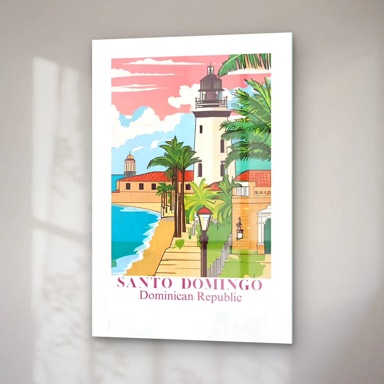 Vintage Poster Akdeniz Sahil Kasabası – Pembe Tonlar cam tablo — sağ açıdan görünüm