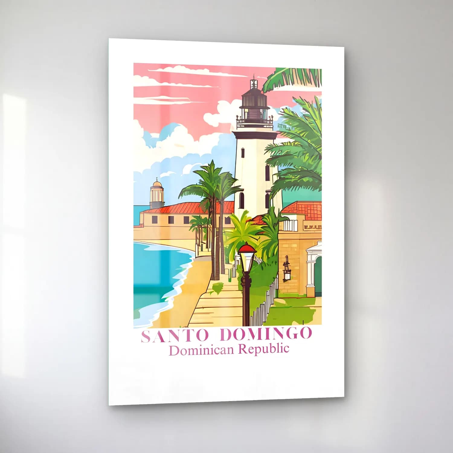 Vintage Poster Akdeniz Sahil Kasabası – Pembe Tonlar cam tablo — sol açıdan görünüm