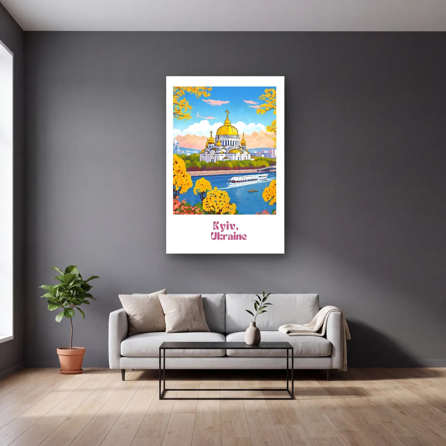 Vintage Poster Katedral No. 12 cam tablo — gri duvarlı salonda