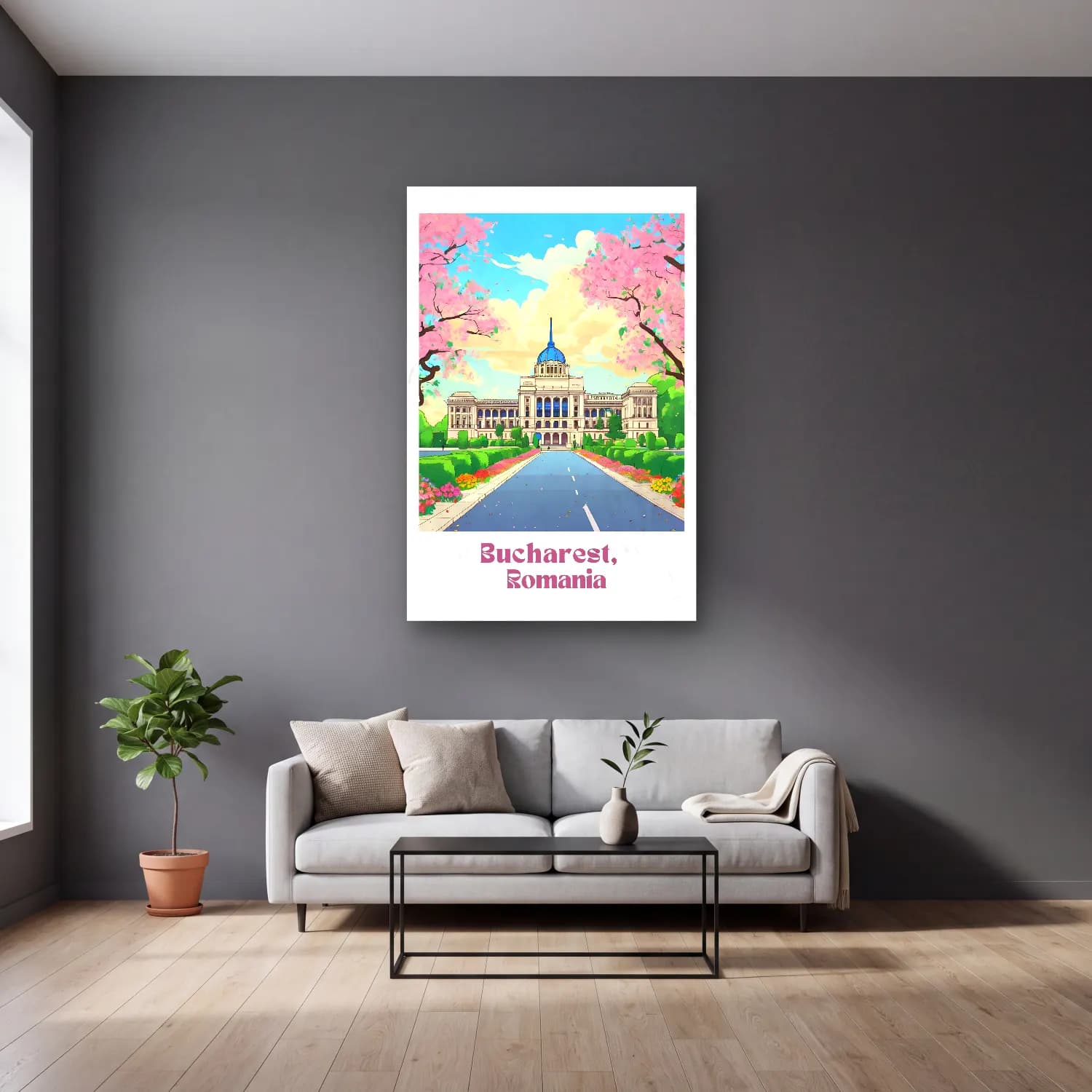 Pastel Kiraz Çiçekleri No. 4 cam tablo — gri duvarlı salonda