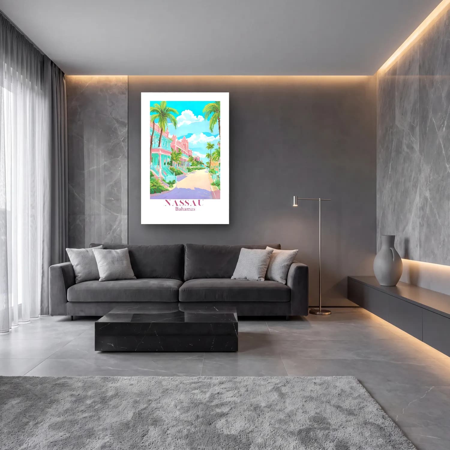 Pastel Köy Sokağı cam tablo — lüks salon duvarında