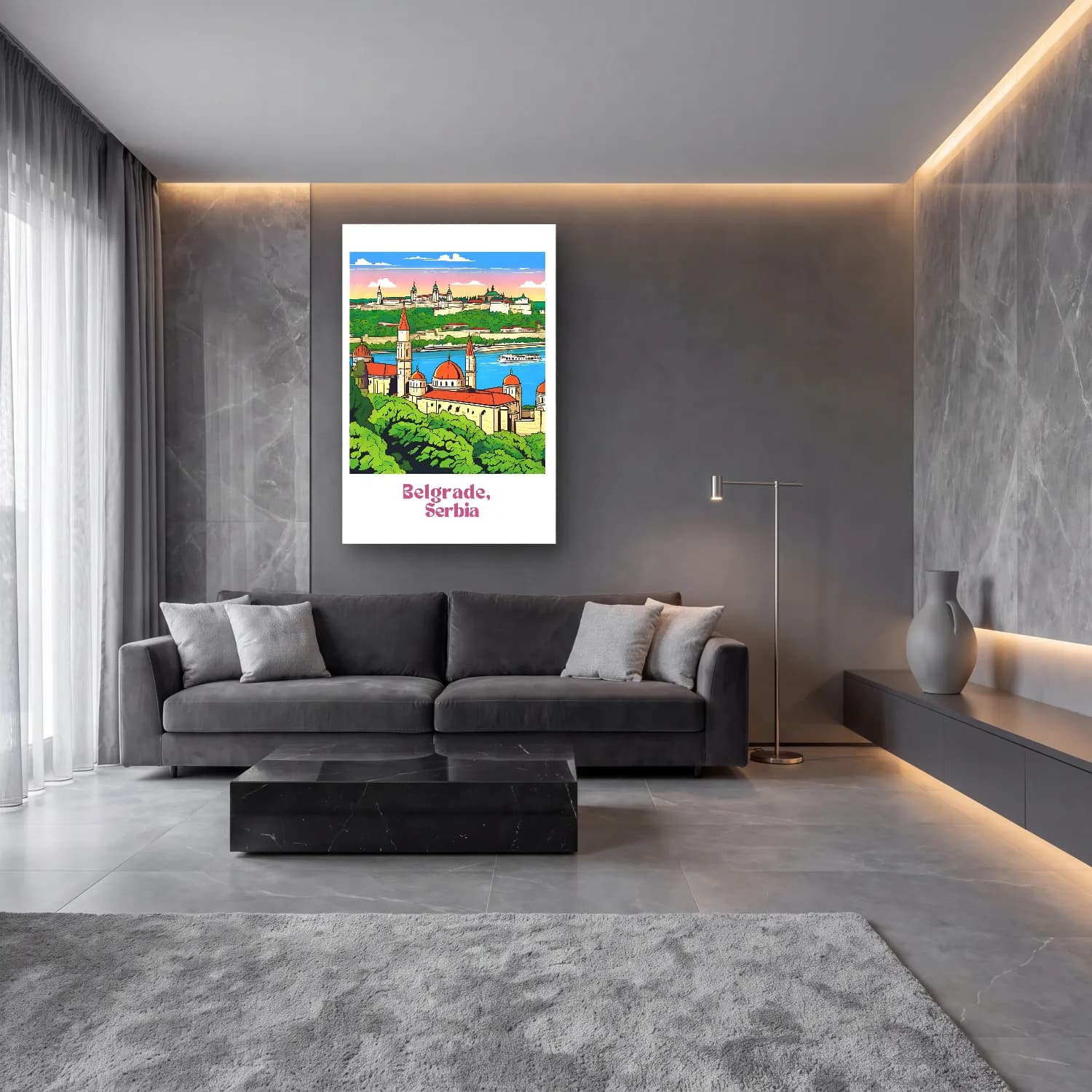 Vintage Poster Şato – Pembe Tonlar cam tablo — lüks salon duvarında