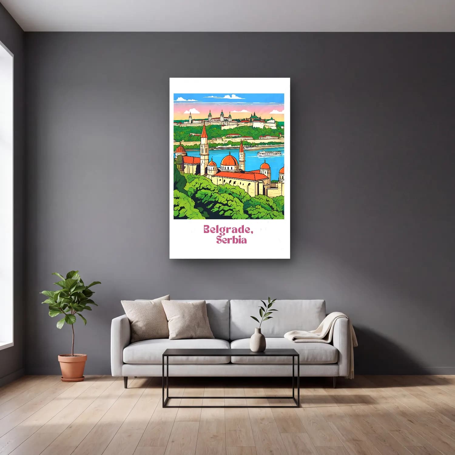 Vintage Poster Şato – Pembe Tonlar cam tablo — gri duvarlı salonda