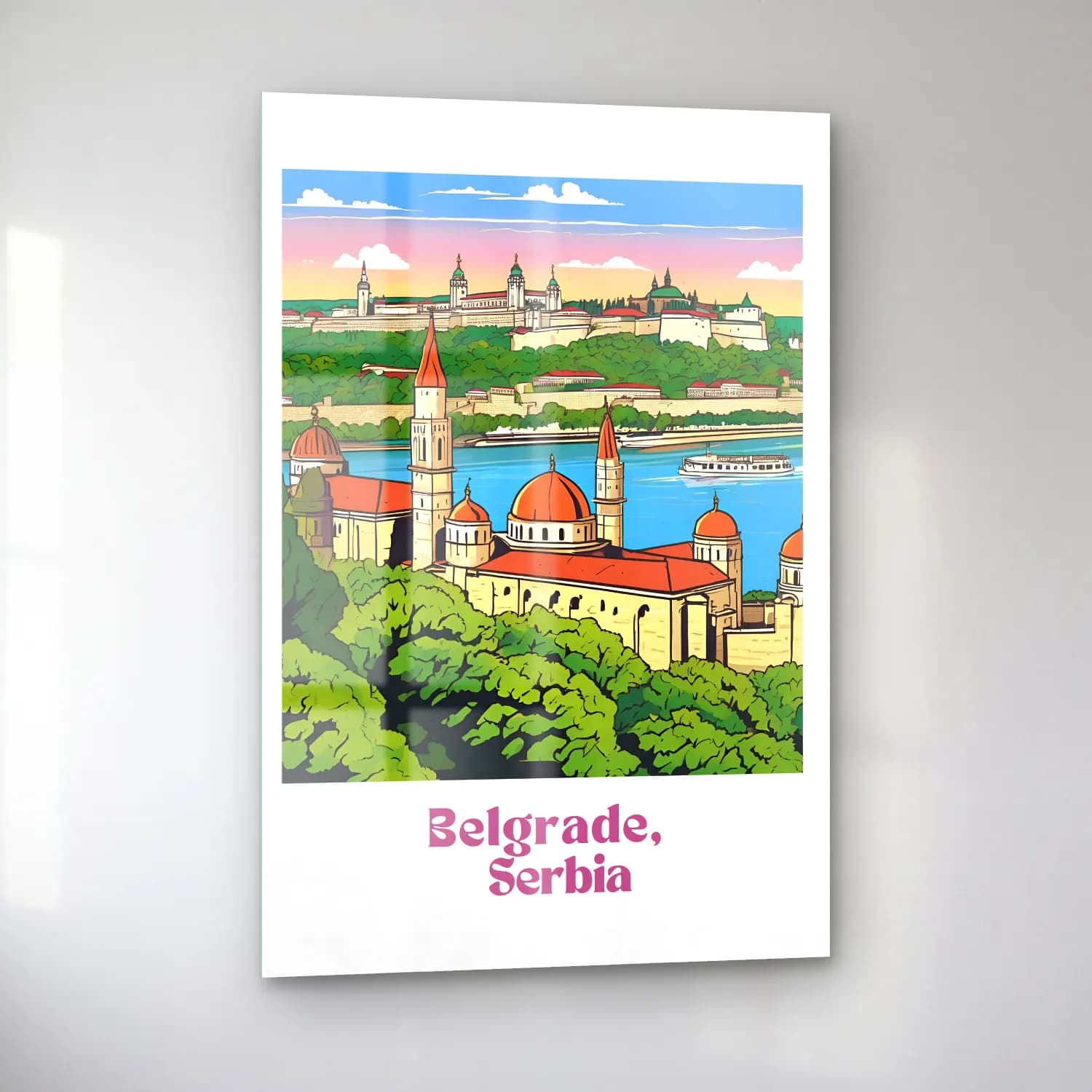 Vintage Poster Şato – Pembe Tonlar cam tablo — sol açıdan görünüm