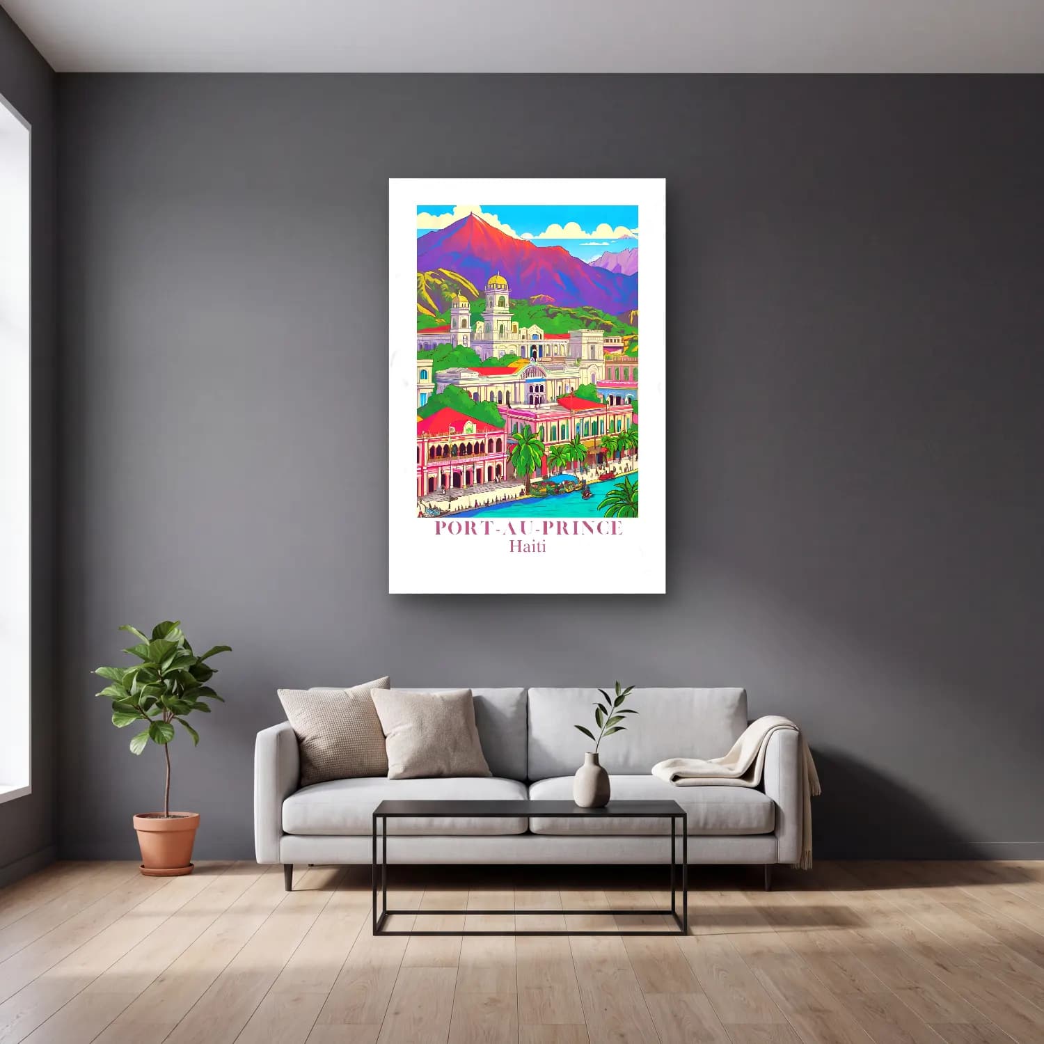 Vintage Poster Akdeniz Sahil Kasabası No. 7 cam tablo — gri duvarlı salonda