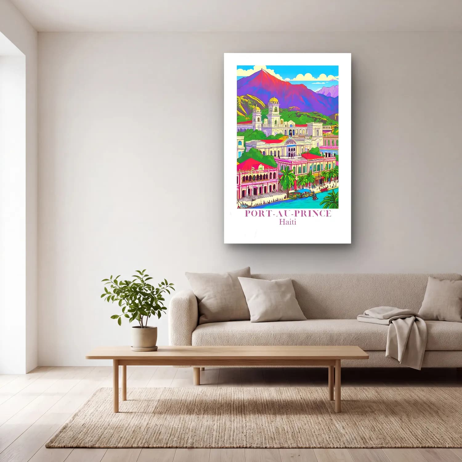 Vintage Poster Akdeniz Sahil Kasabası No. 7 cam tablo — açık renk salonda