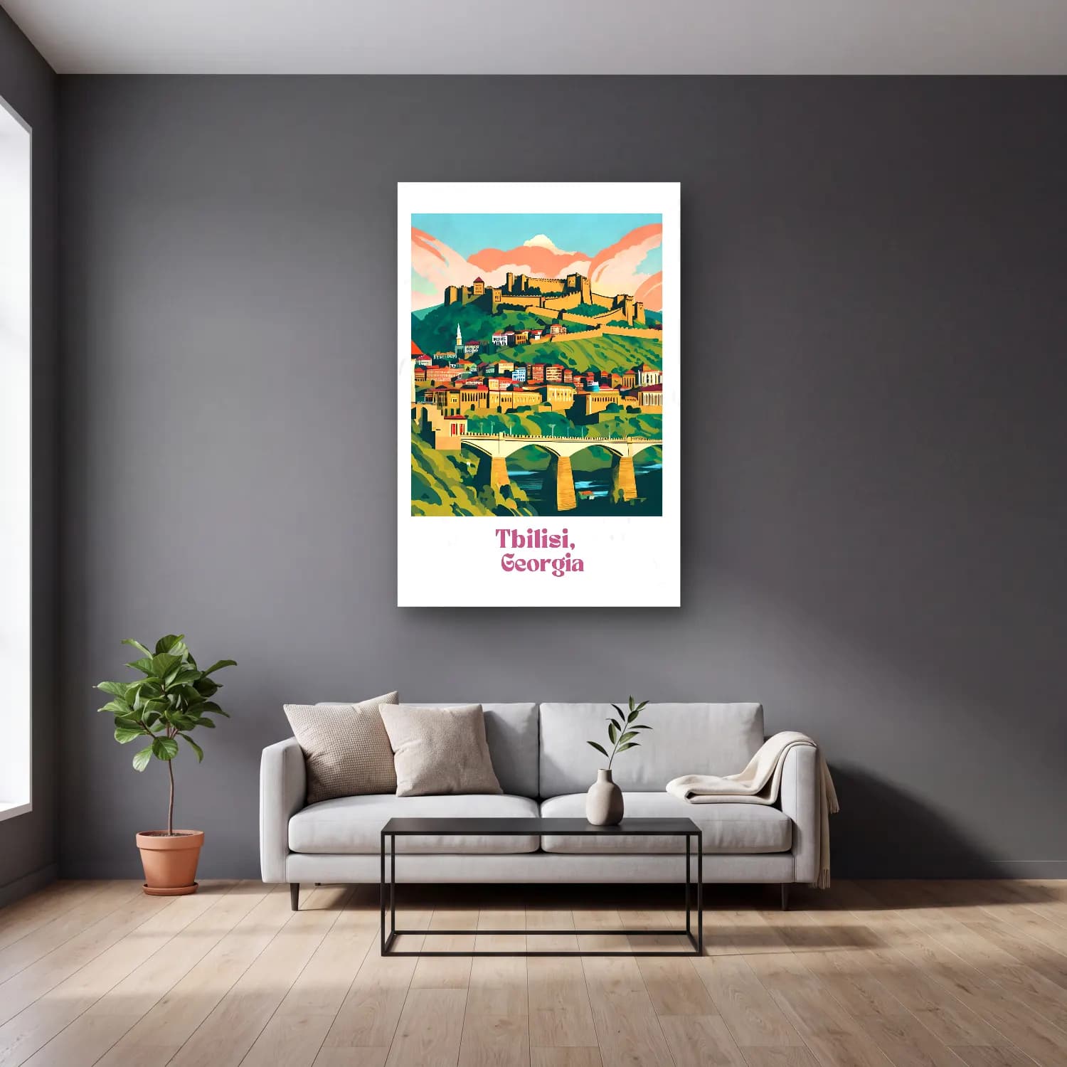Vintage Poster Akdeniz Sahil Kasabası No. 8 cam tablo — gri duvarlı salonda