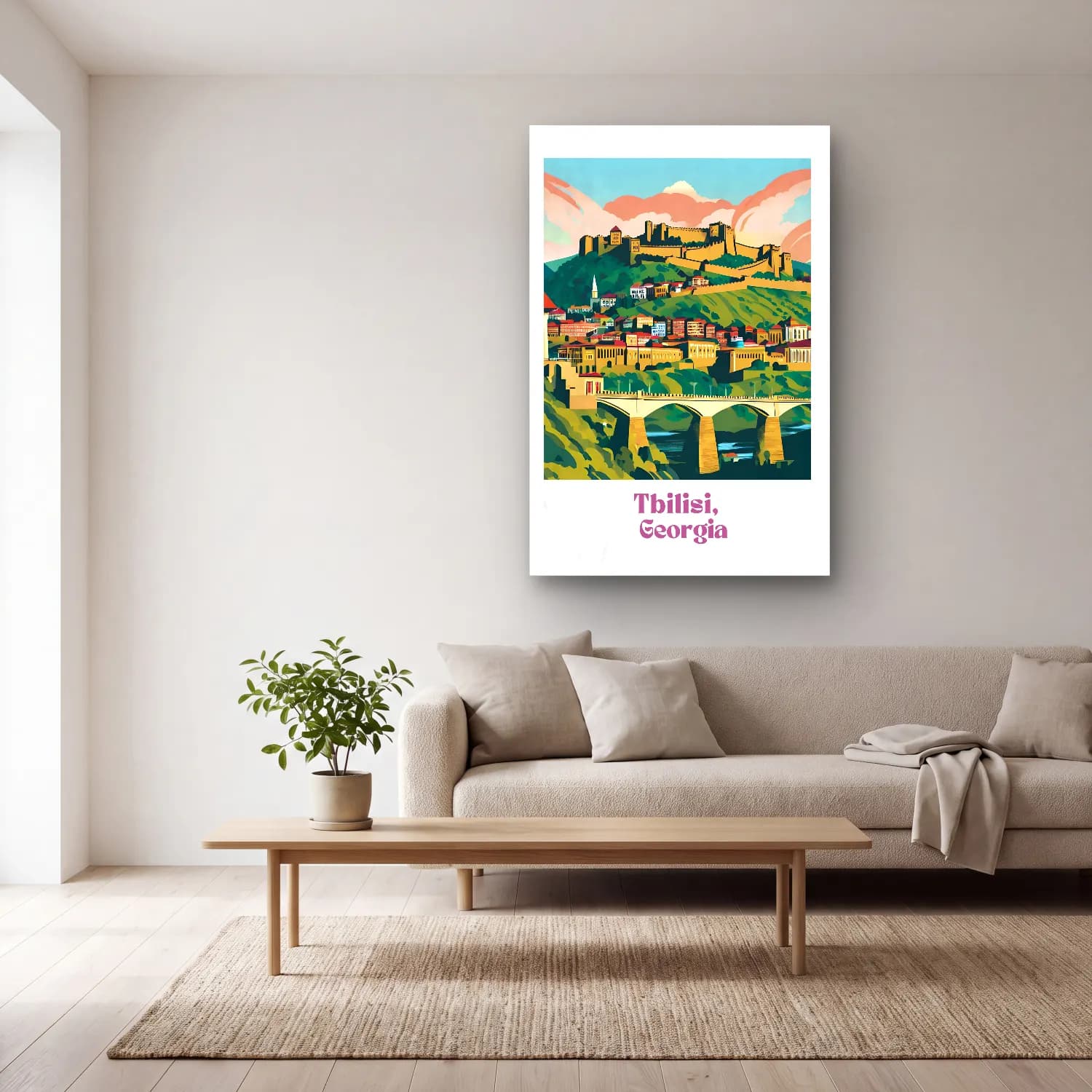 Vintage Poster Akdeniz Sahil Kasabası No. 8 cam tablo — açık renk salonda