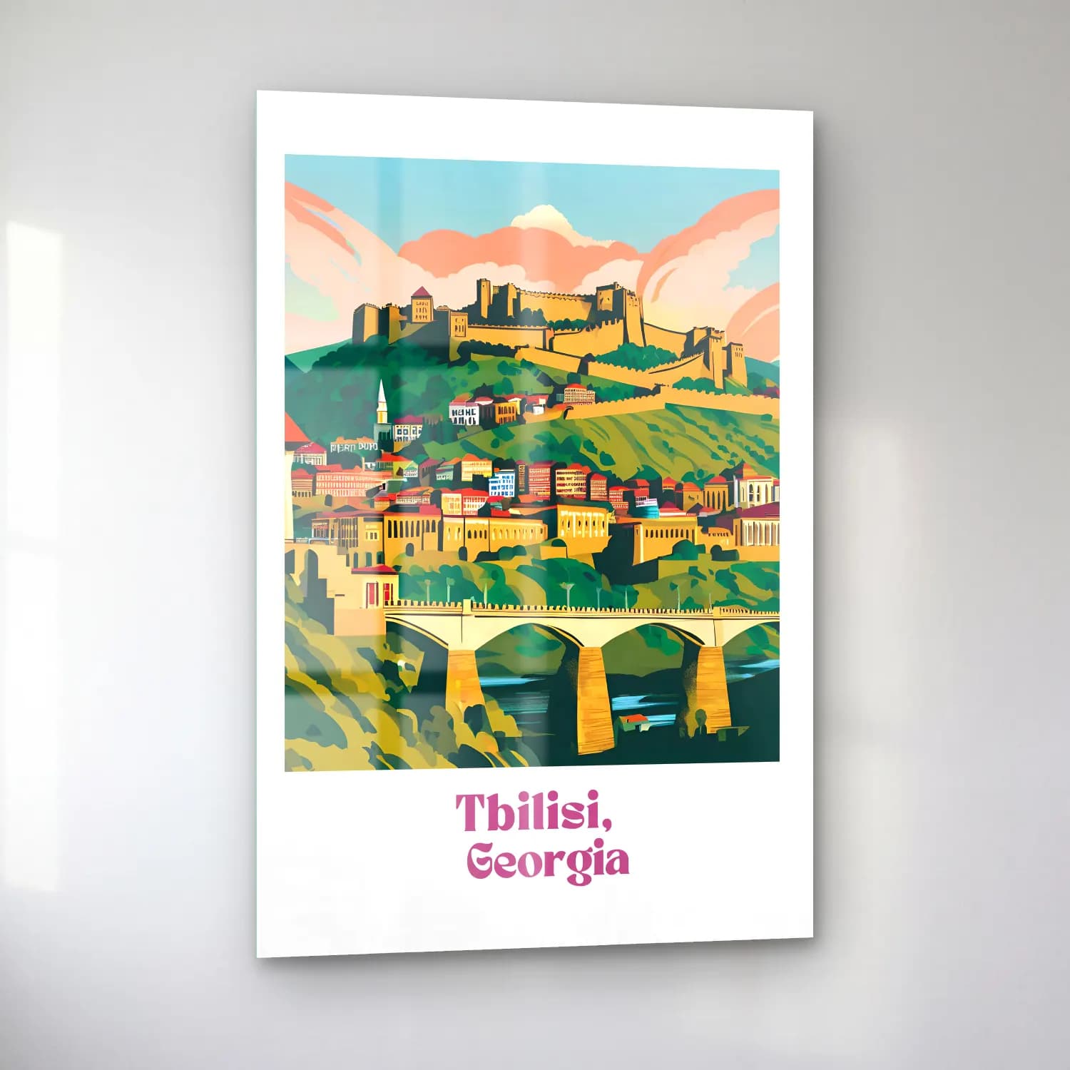 Vintage Poster Akdeniz Sahil Kasabası No. 8 cam tablo — sol açıdan görünüm