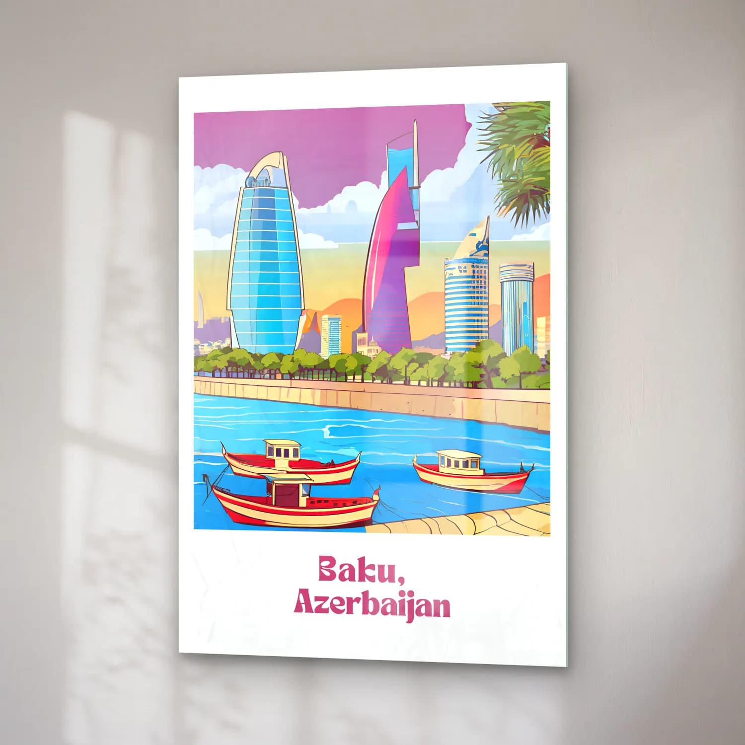 Vintage Poster Liman ve Tekneler – Mor Tonlar cam tablo — sağ açıdan görünüm