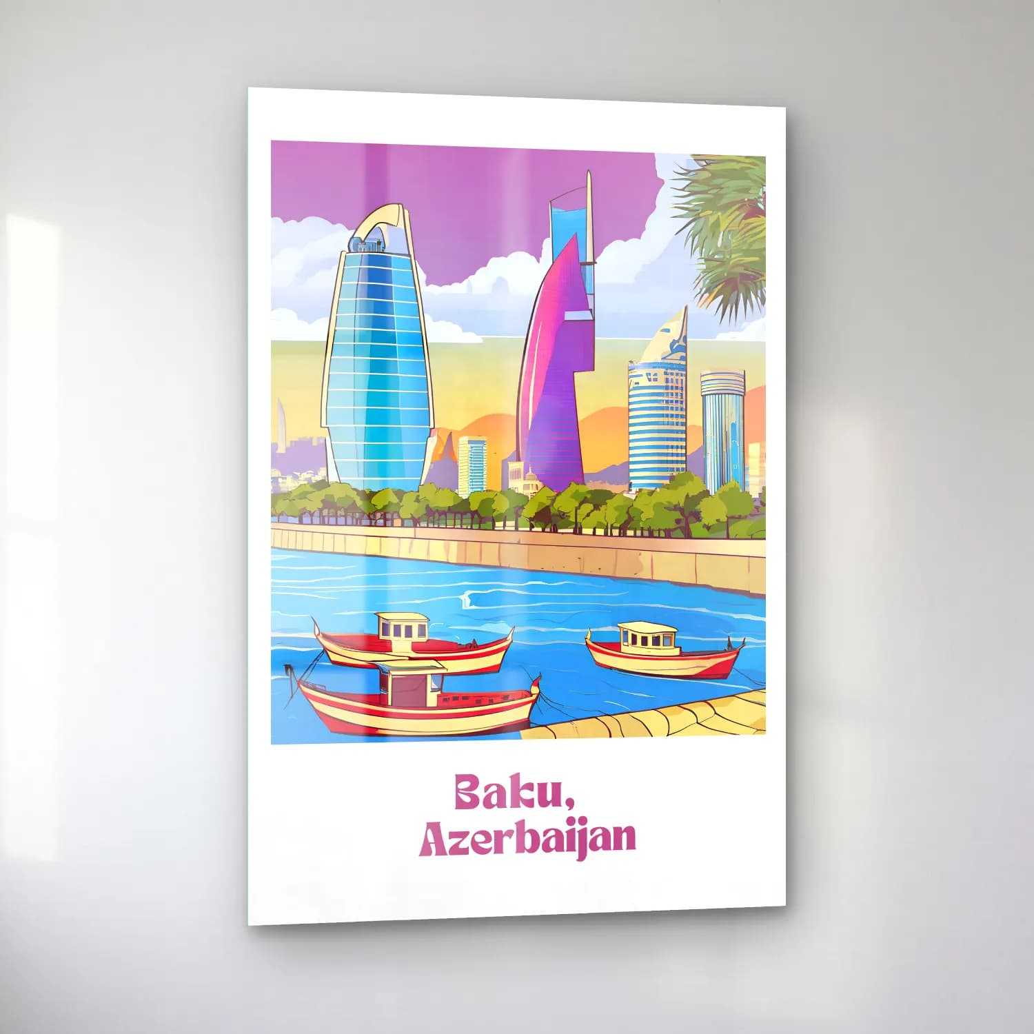 Vintage Poster Liman ve Tekneler – Mor Tonlar cam tablo — sol açıdan görünüm