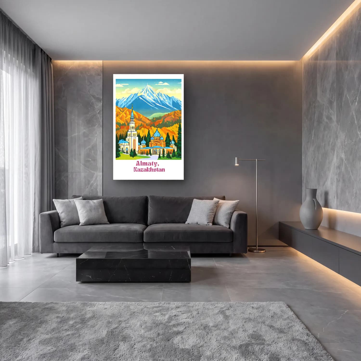Vintage Poster Katedral – Turkuaz Tonlar cam tablo — lüks salon duvarında