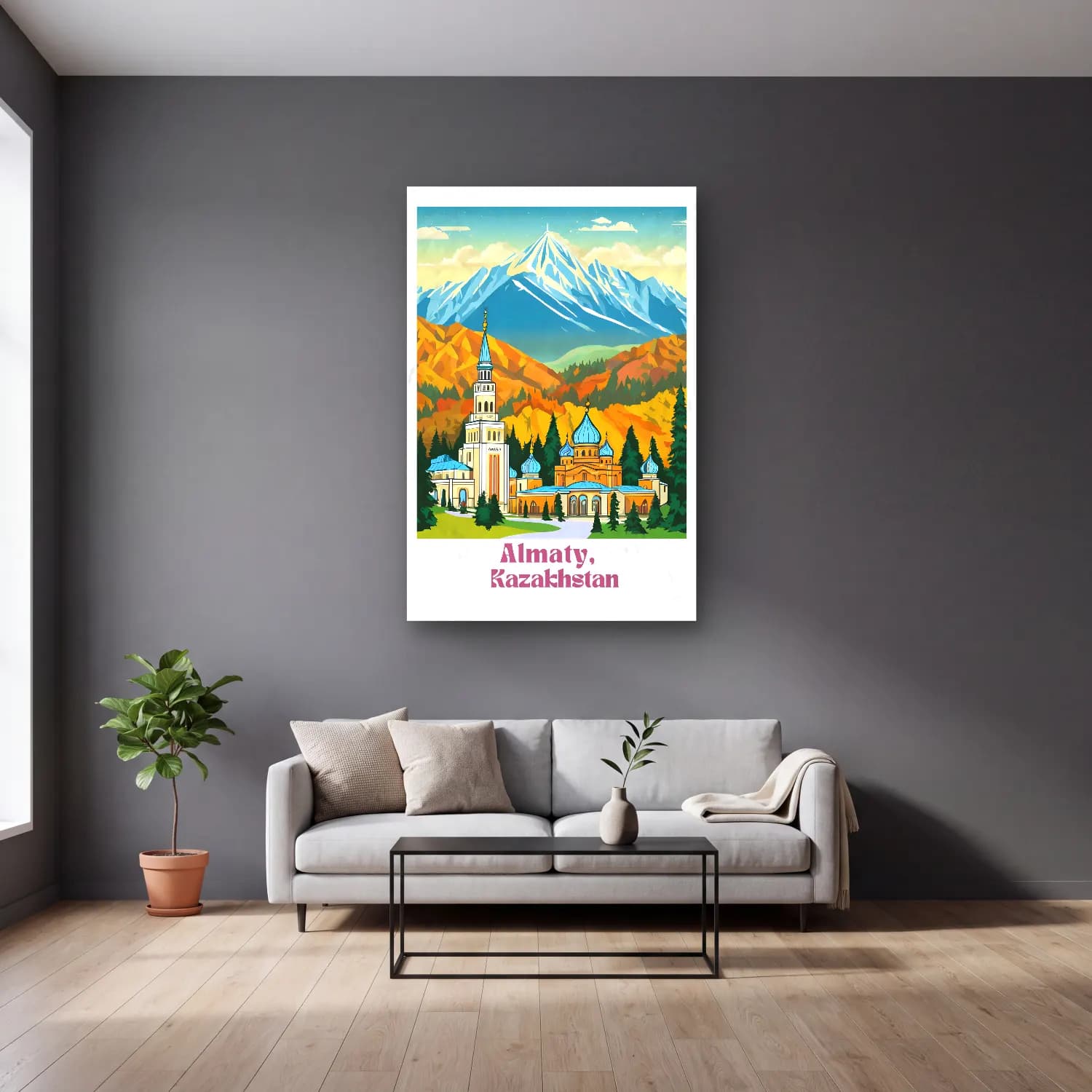 Vintage Poster Katedral – Turkuaz Tonlar cam tablo — gri duvarlı salonda