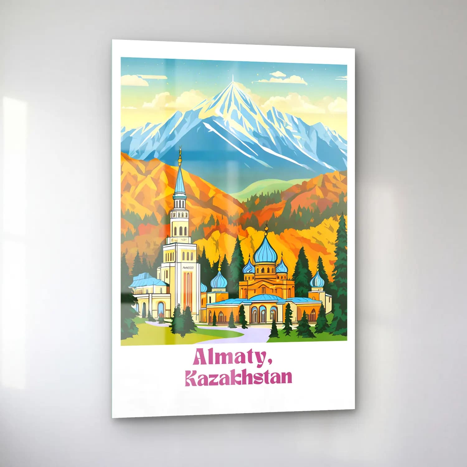 Vintage Poster Katedral – Turkuaz Tonlar cam tablo — sol açıdan görünüm