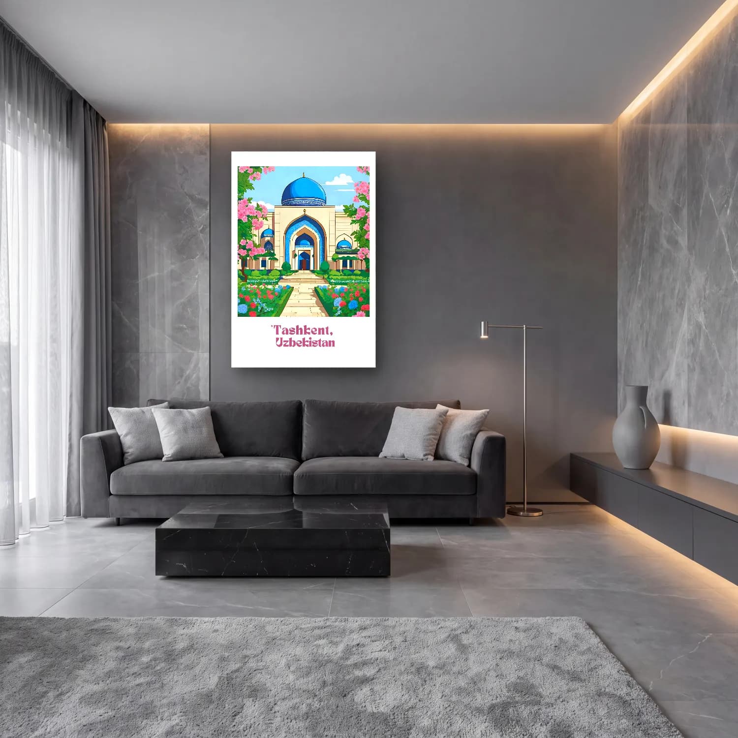 Pastel Çiçek Bahçesi – Turkuaz Tonlar cam tablo — lüks salon duvarında