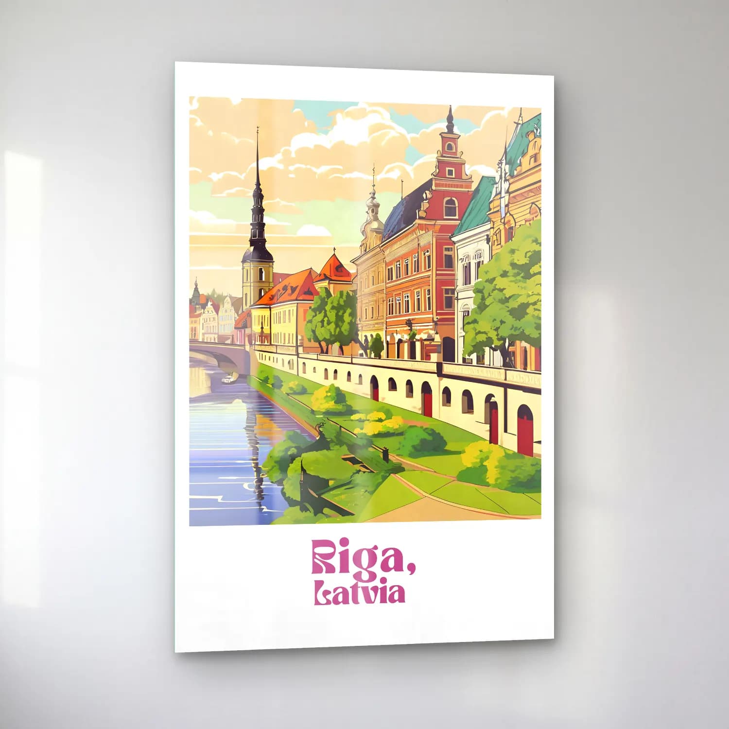 Vintage Poster Kafeli Avrupa Sokağı – Mor Tonlar cam tablo — sol açıdan görünüm
