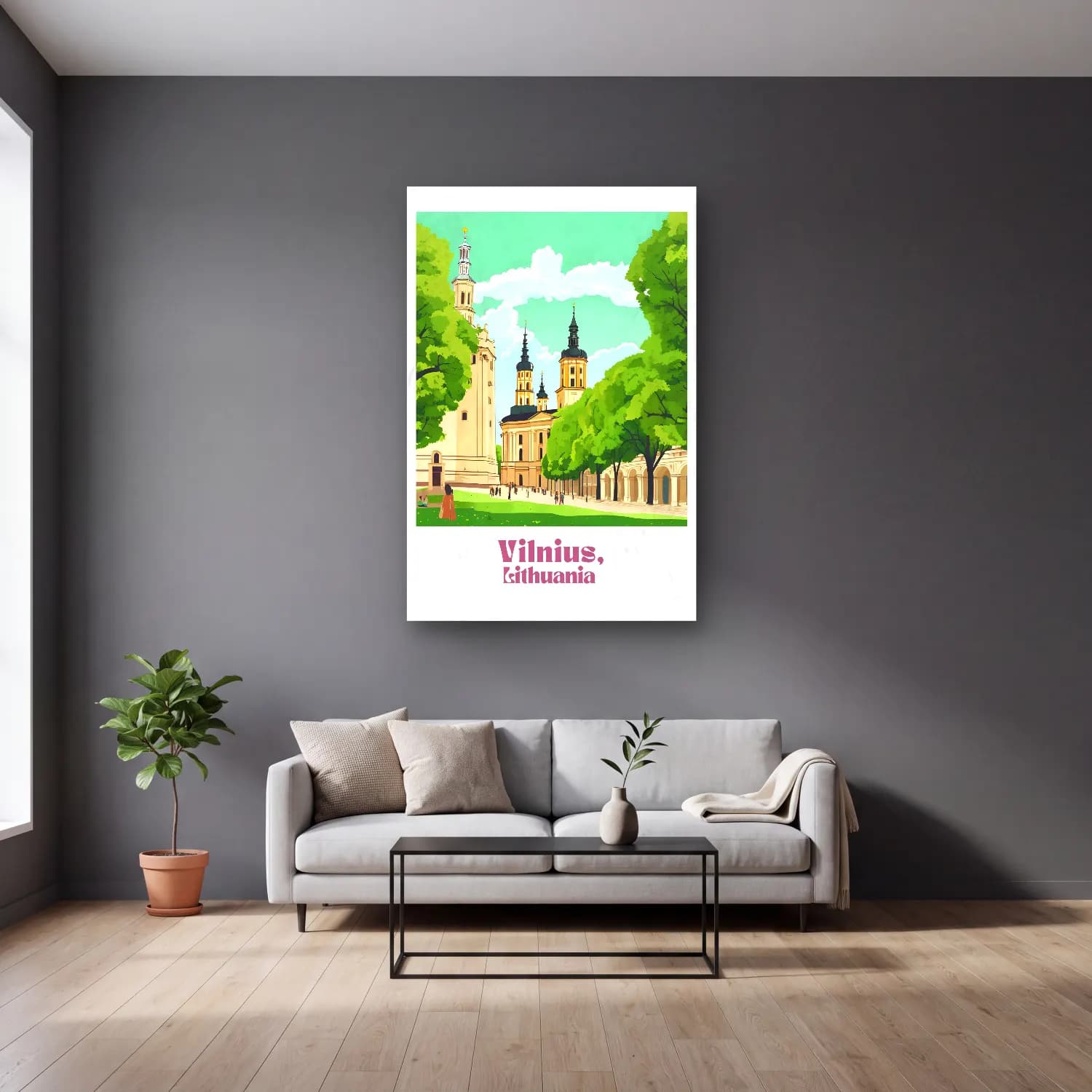 Vintage Poster Katedral – Bej Tonlar cam tablo — gri duvarlı salonda