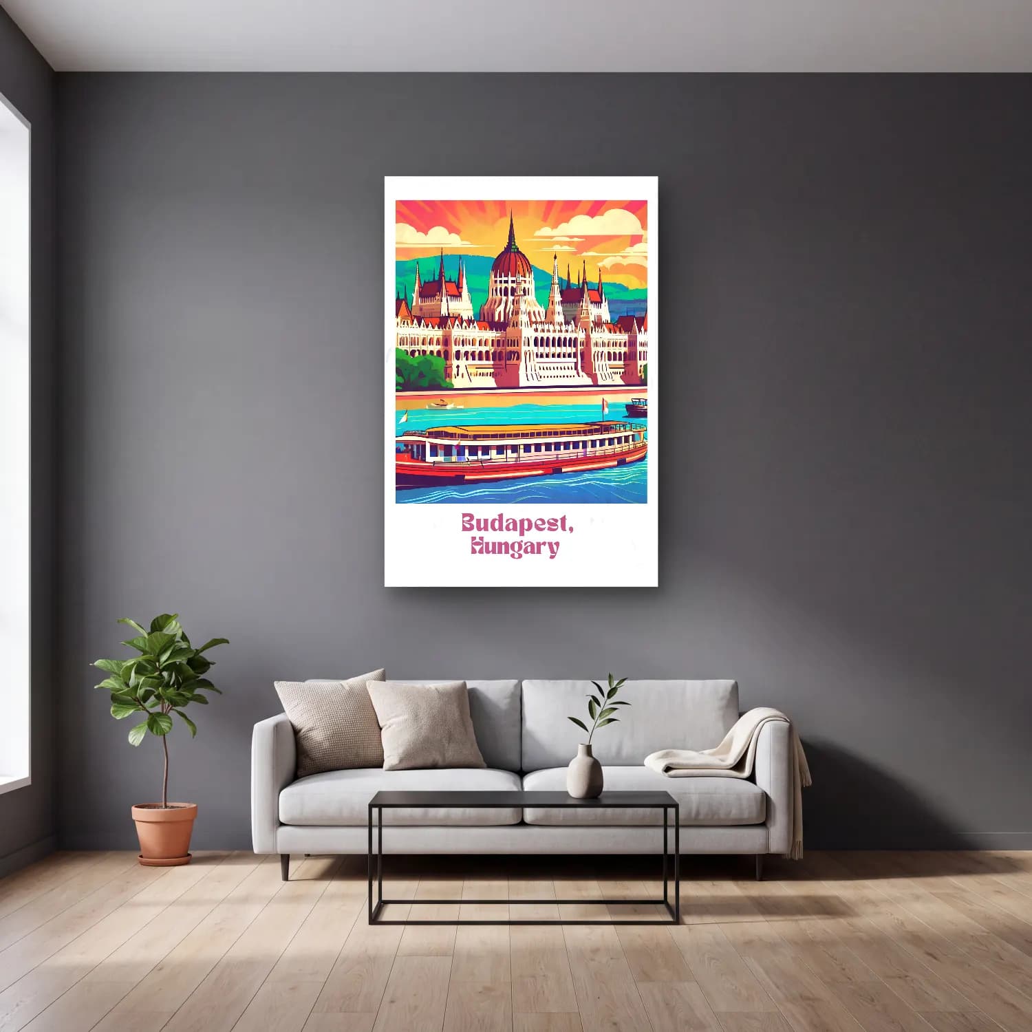 Vintage Poster İstanbul – Mor Tonlar cam tablo — gri duvarlı salonda