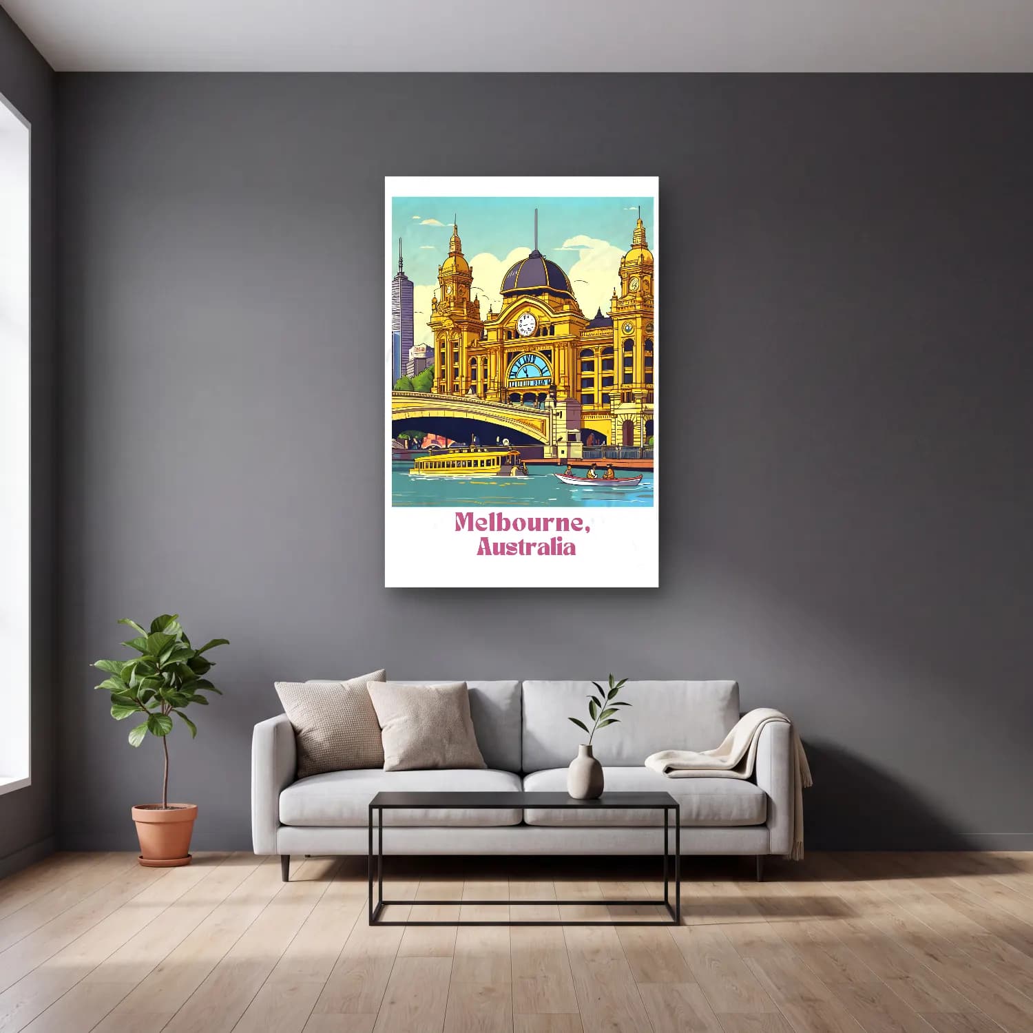 Vintage Poster Katedral No. 16 cam tablo — gri duvarlı salonda