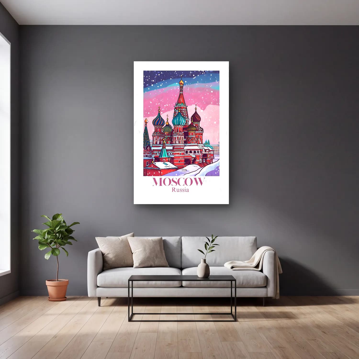 Pastel Katedral No. 7 cam tablo — gri duvarlı salonda