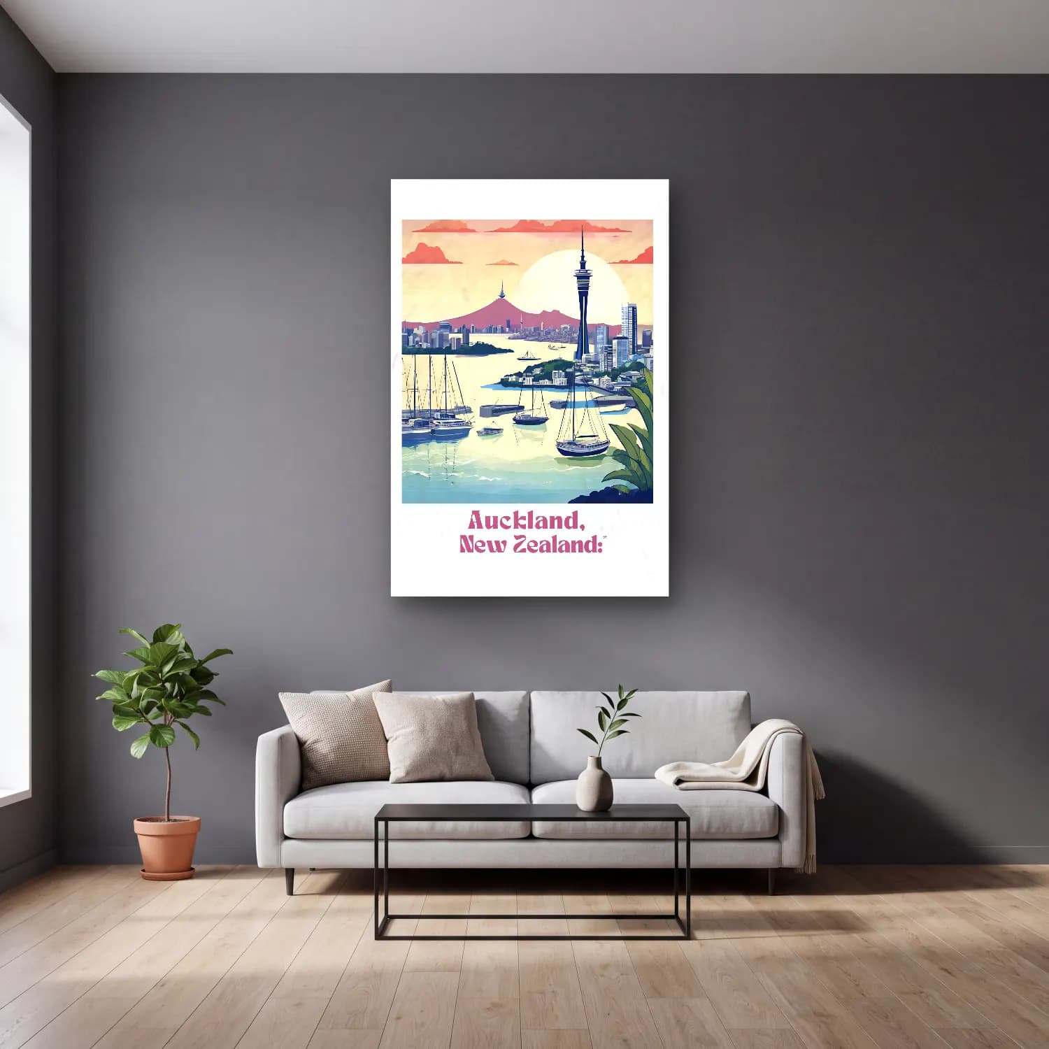 Vintage Poster Liman ve Tekneler No. 8 cam tablo — gri duvarlı salonda
