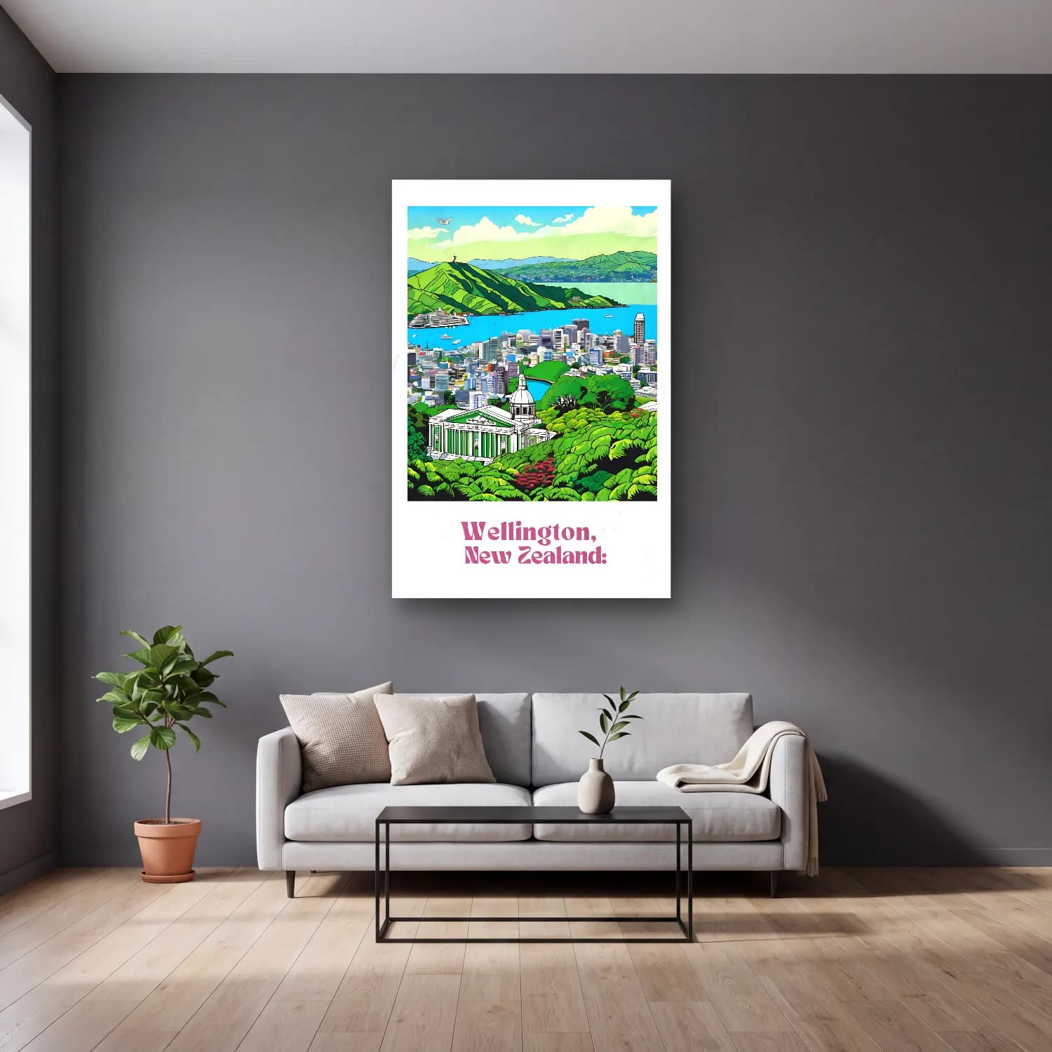 Vintage Poster Yeşil Tepeler – Yeşil Tonlar cam tablo — gri duvarlı salonda