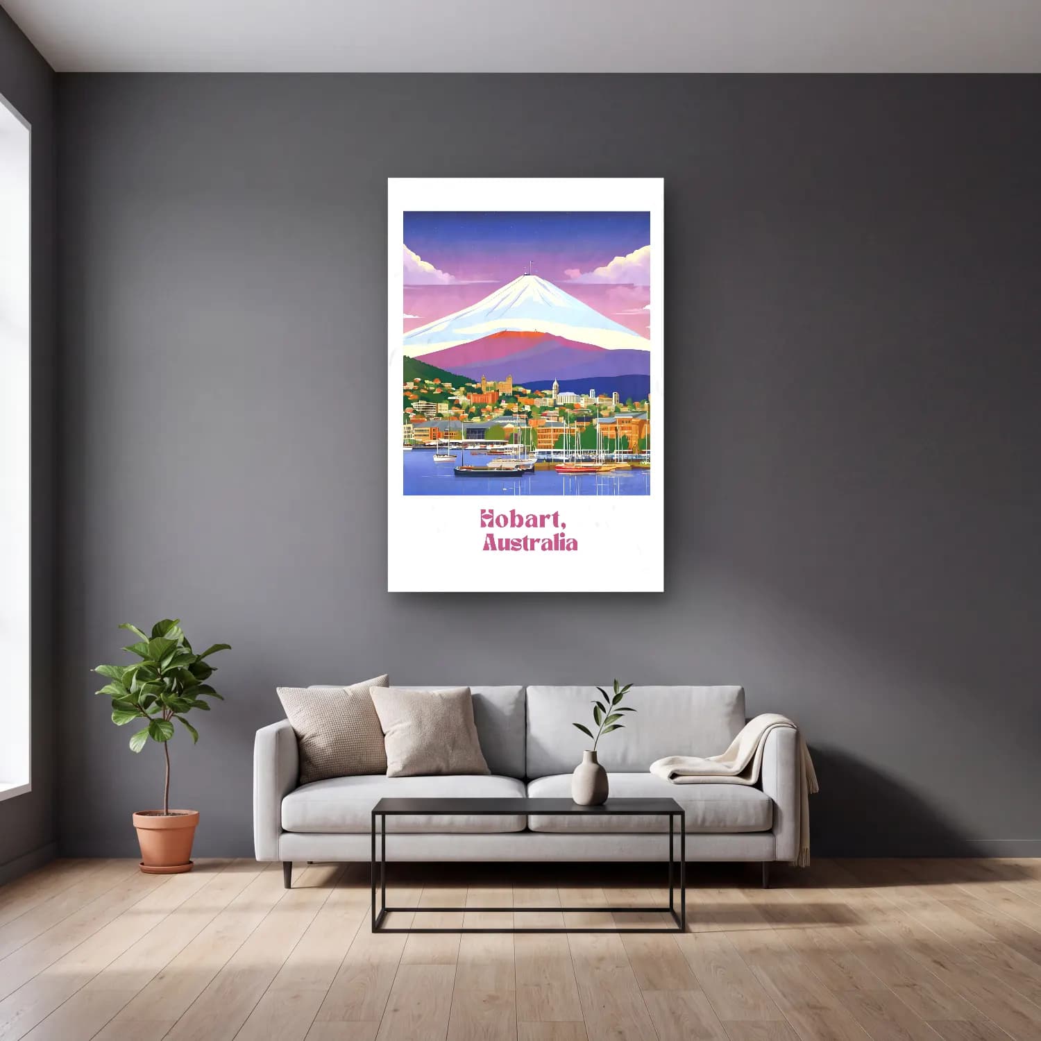 Vintage Poster Liman ve Tekneler No. 9 cam tablo — gri duvarlı salonda