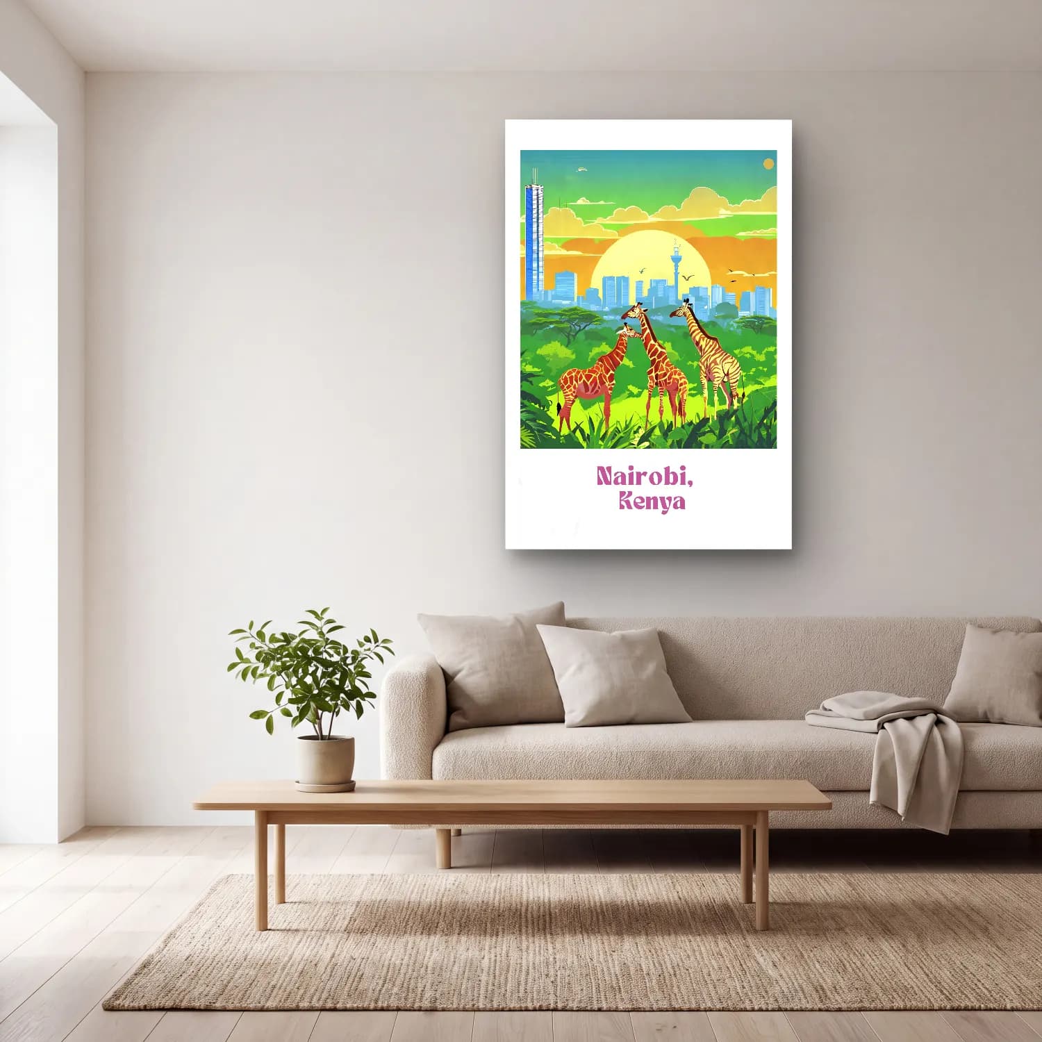 Vintage Poster Zürafa No. 4 cam tablo — açık renk salonda