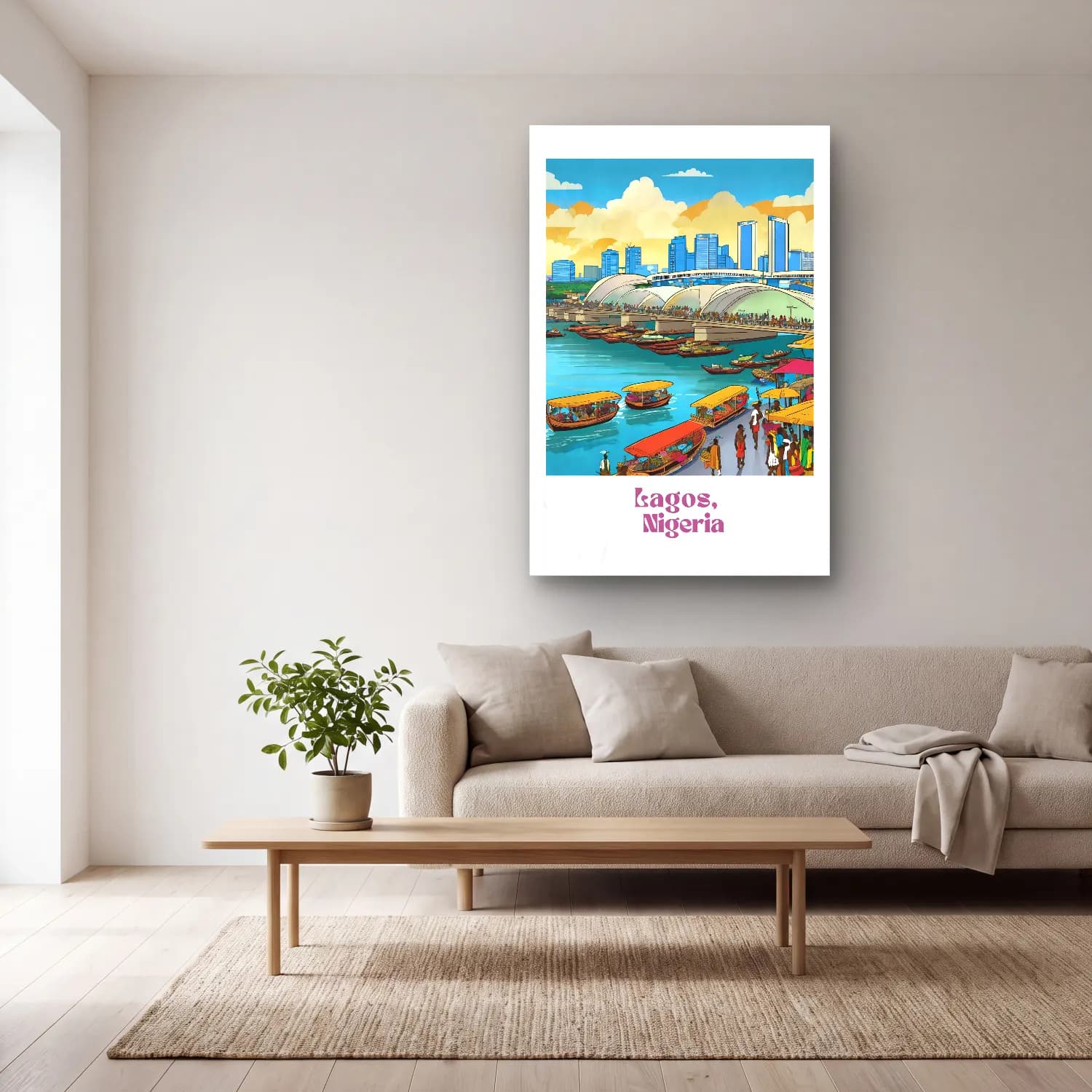 Vintage Poster Liman ve Tekneler No. 10 cam tablo — açık renk salonda