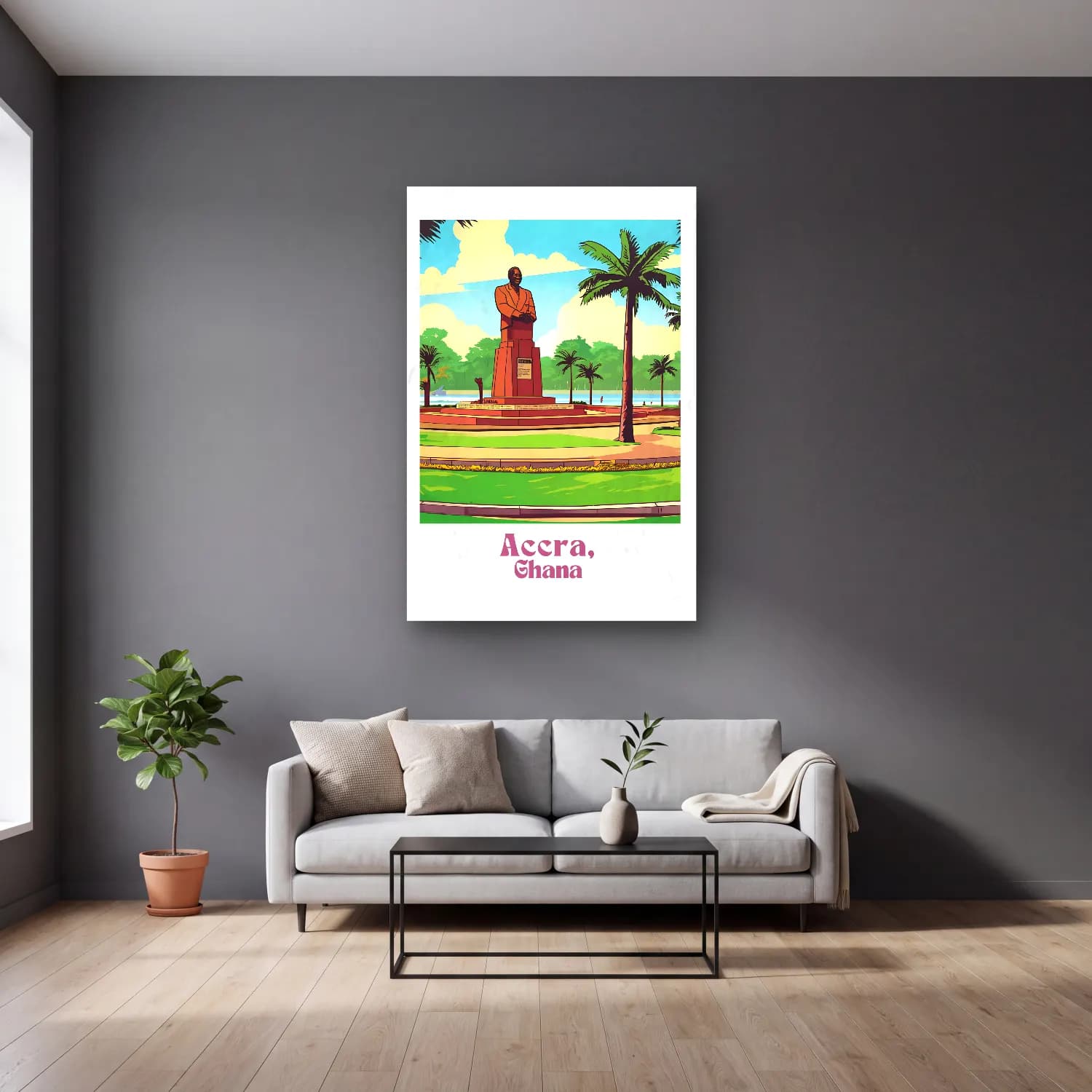 Vintage Poster Erkek Portresi – Turuncu Tonlar cam tablo — gri duvarlı salonda
