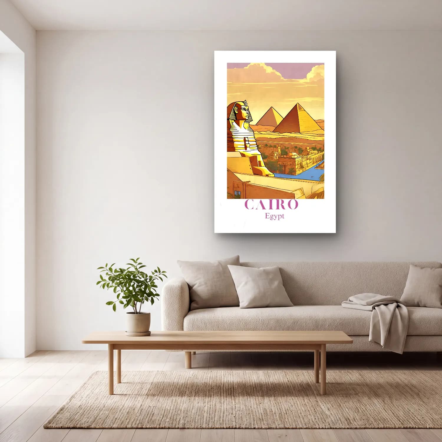Vintage Poster Mısır Piramitleri cam tablo — açık renk salonda