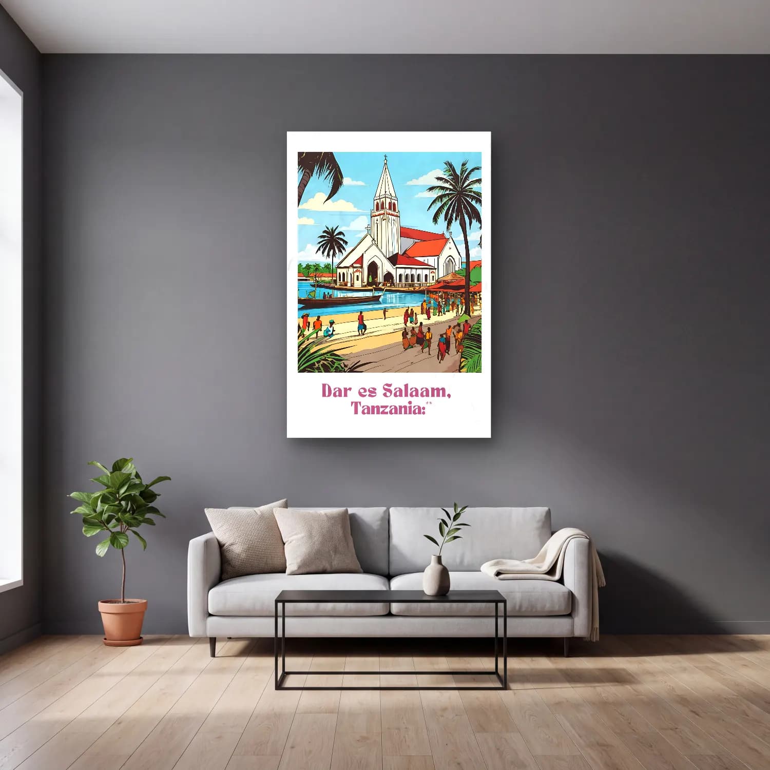 Vintage Poster Katedral No. 18 cam tablo — gri duvarlı salonda