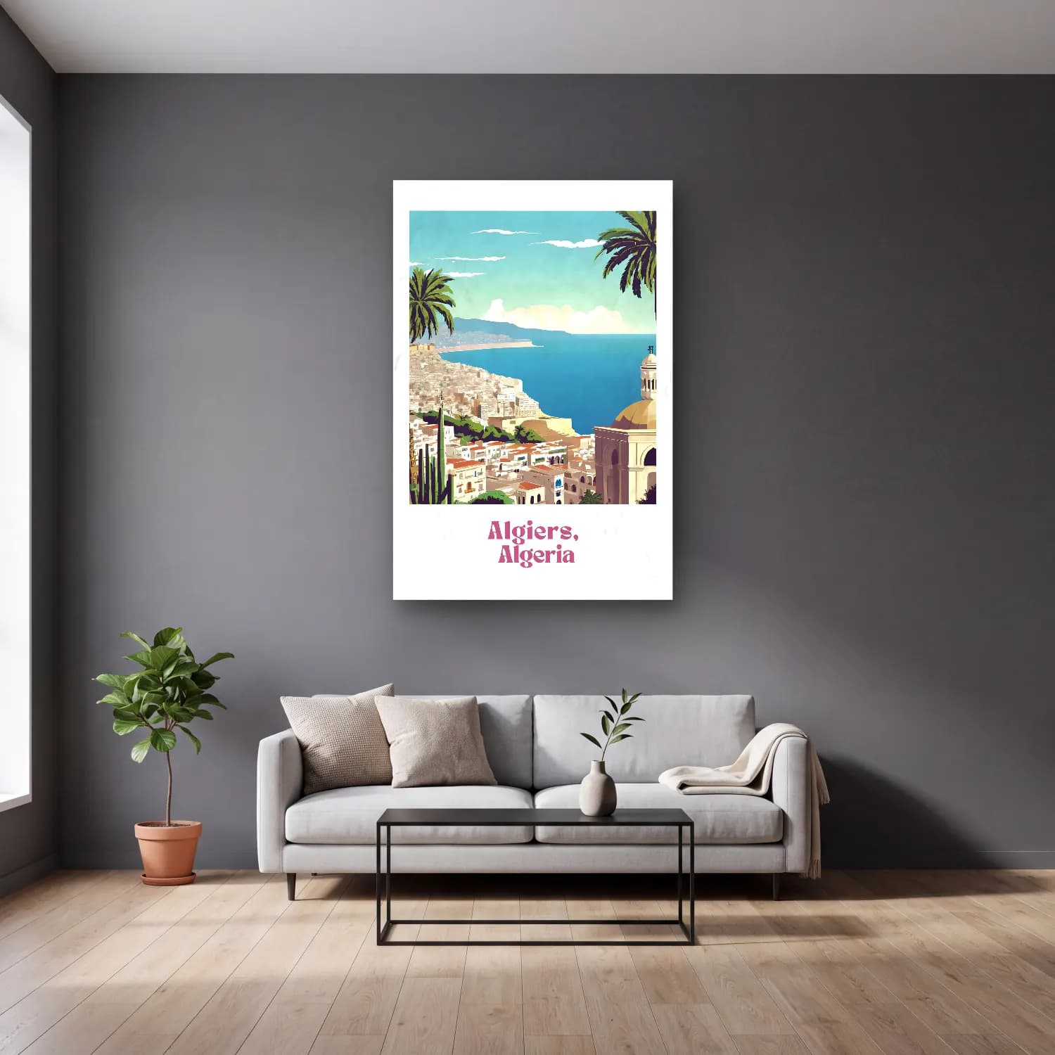Vintage Poster Akdeniz Sahil Kasabası No. 9 cam tablo — gri duvarlı salonda