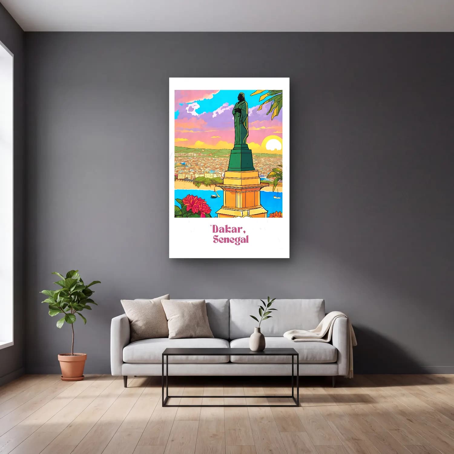 Vintage Poster Akdeniz Sahil Kasabası No. 10 cam tablo — gri duvarlı salonda