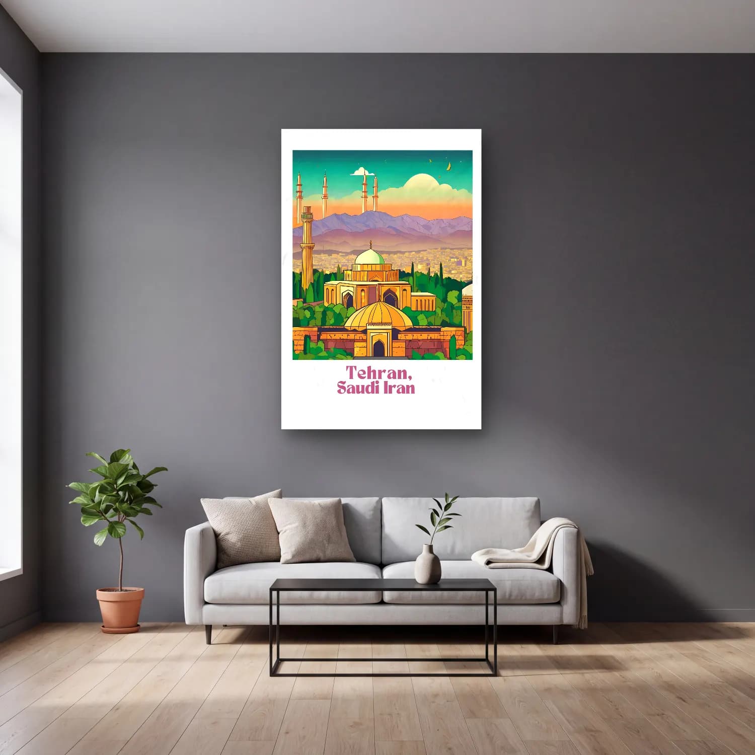 Vintage Poster İstanbul – Turkuaz Tonlar cam tablo — gri duvarlı salonda