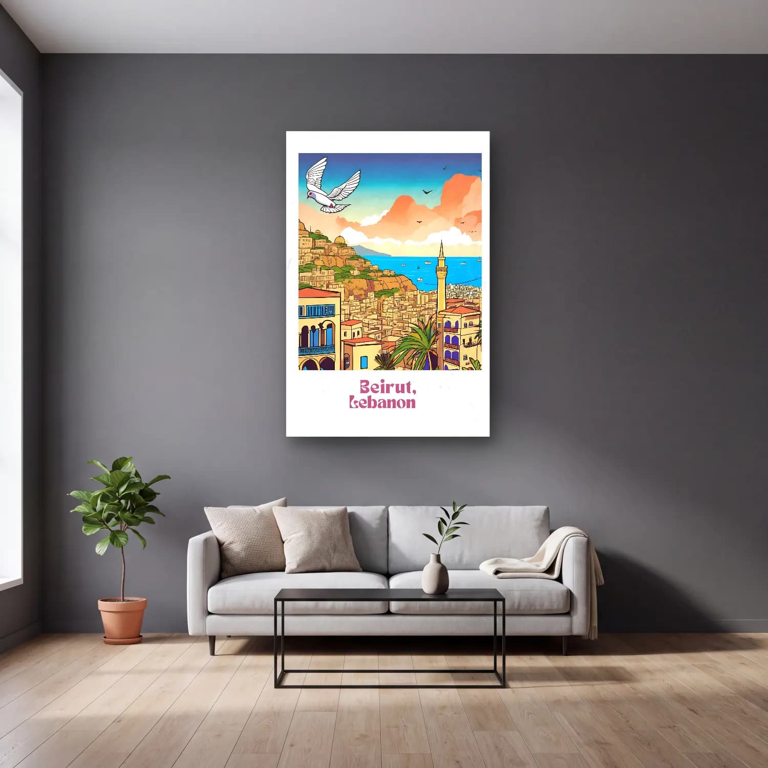 Vintage Poster Akdeniz Sahil Kasabası No. 11 cam tablo — gri duvarlı salonda