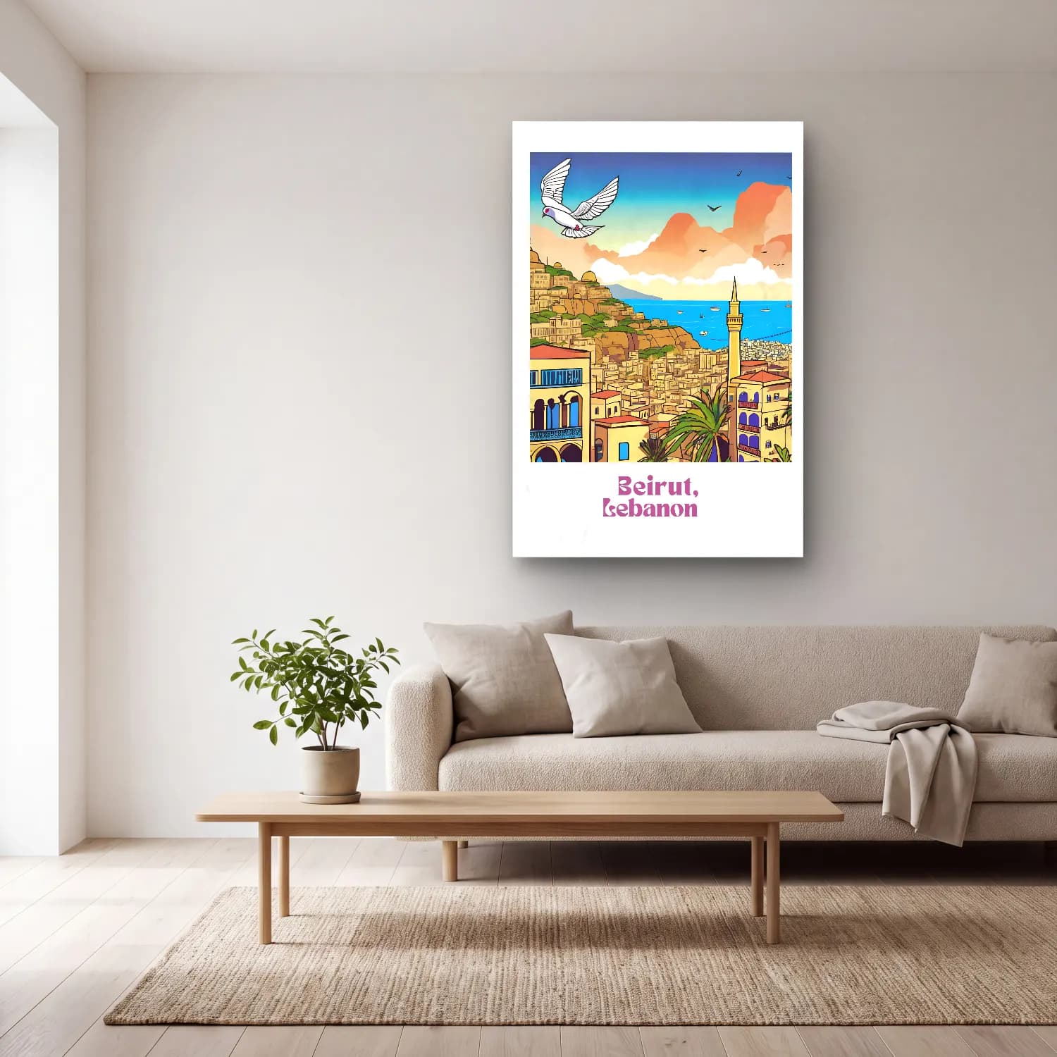Vintage Poster Akdeniz Sahil Kasabası No. 11 cam tablo — açık renk salonda