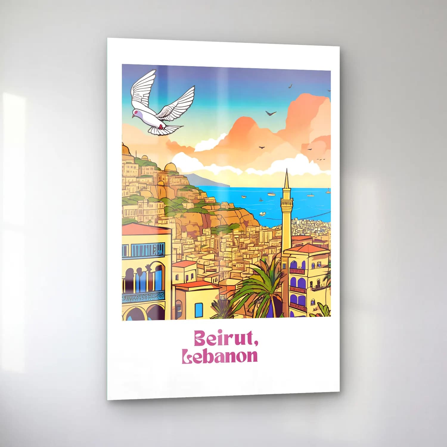 Vintage Poster Akdeniz Sahil Kasabası No. 11 cam tablo — sol açıdan görünüm